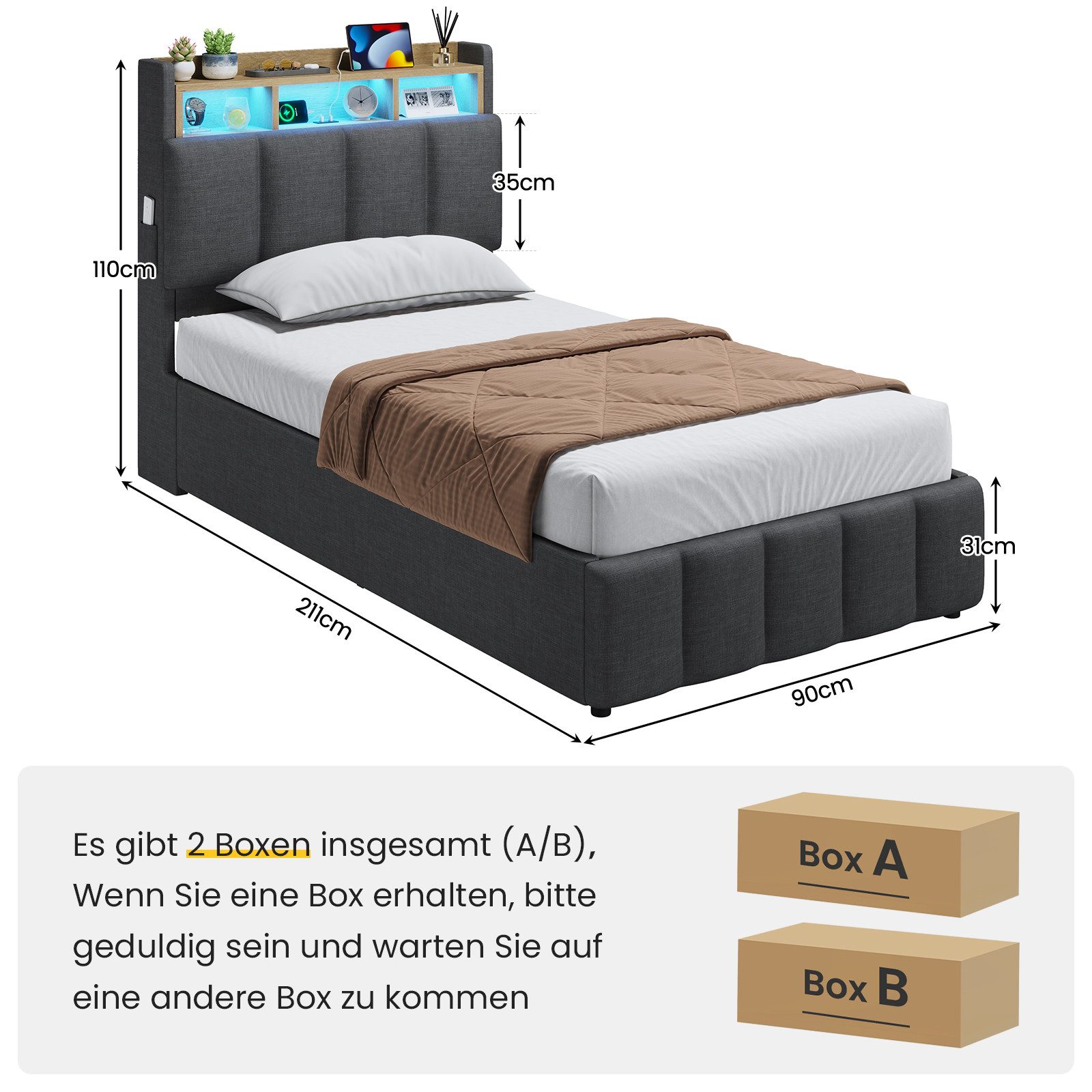 KIMENICH Polsterbett mit LED Beleuchtung und Ladefunktion (1-tlg., Ohne Matratze), Jugendbett Hydraulisches Stauraumbett, 90x200 cm