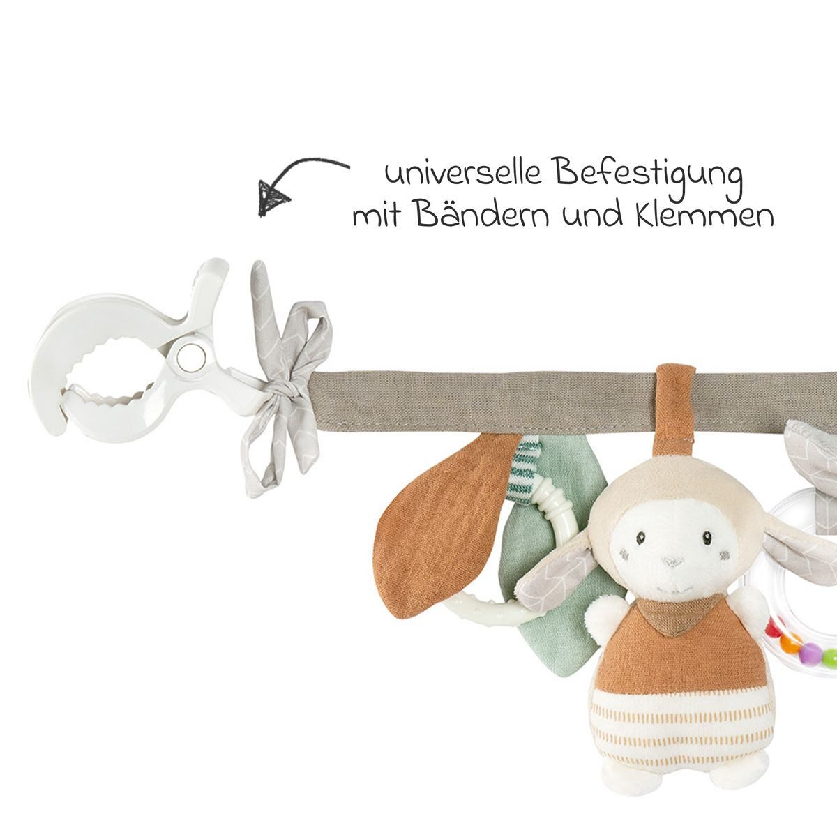 Fehn Kinderwagenkette Esel & Schaf (1-tlg), zum Aufhängen mit Tier-Anhängern, Rassel und Quietsche