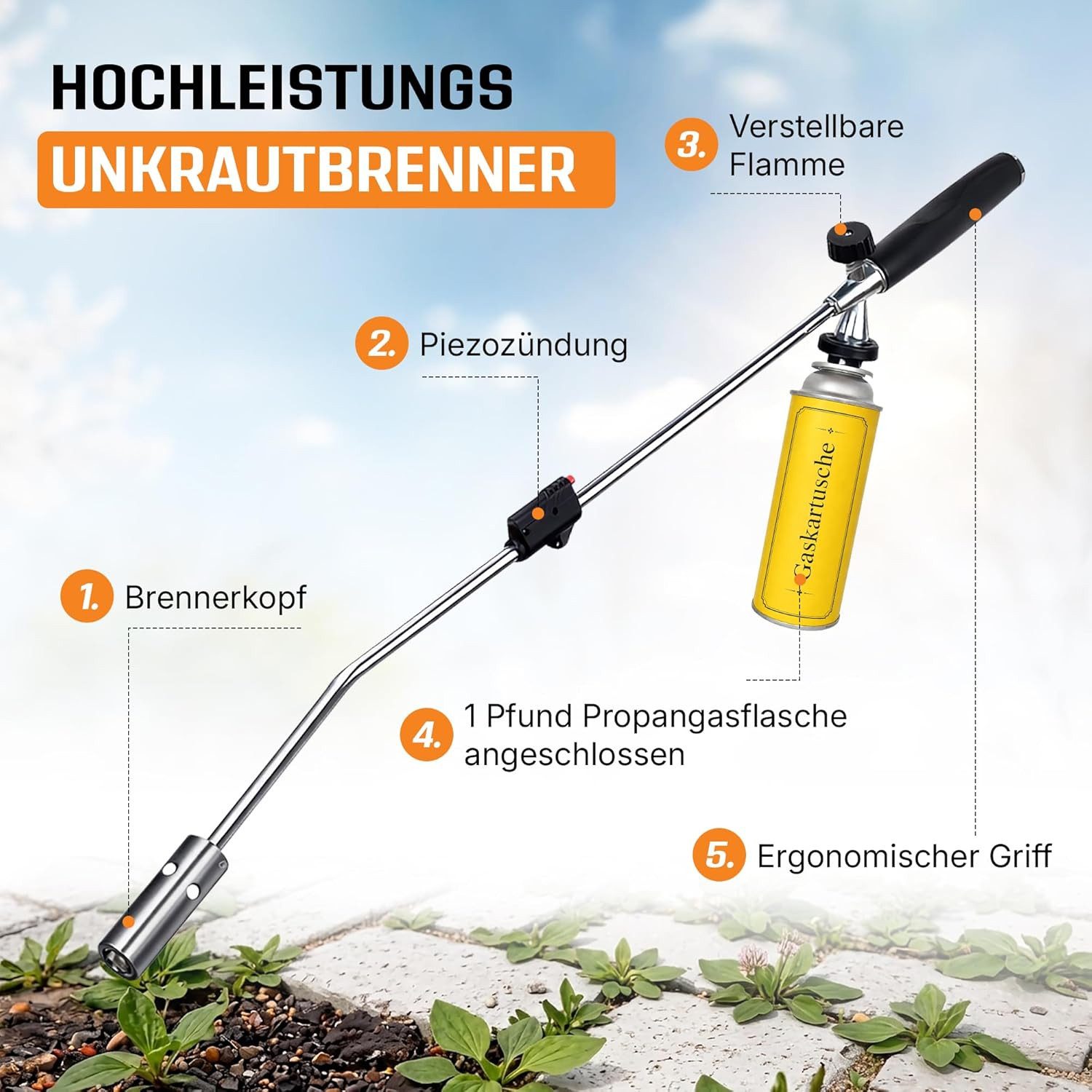 Fabona Unkrautbrenner Unkrautvernichter, 1100 °C maximal, (4-tlg., mit Piezozündung – professionelles Abflammgerät), inkl. 4-Gas-Kartusche