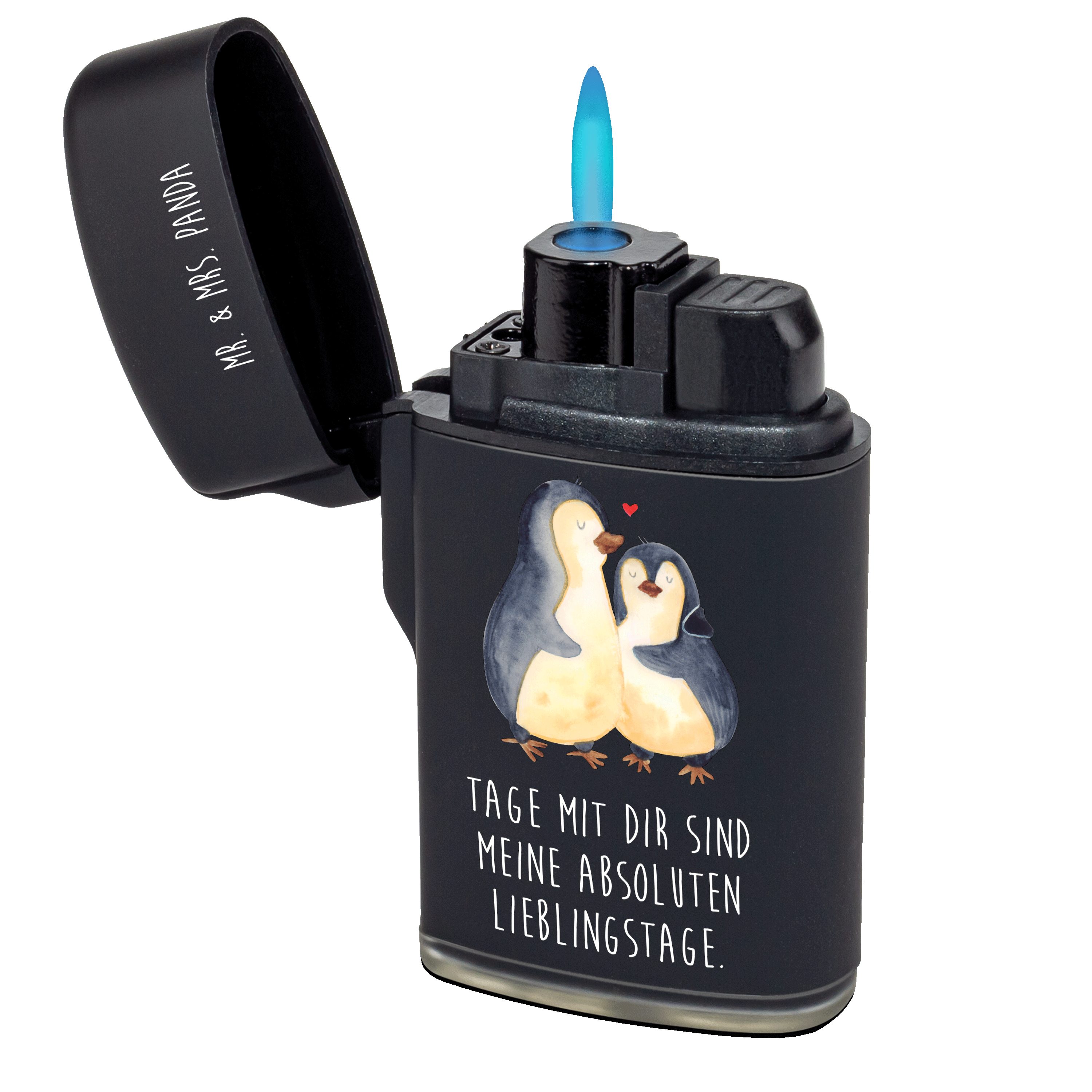 Mr. & Mrs. Panda Feuerzeug Pinguin umarmen - Schwarz - Geschenk, Hochzeitstag, Liebe, Verlobung, (1-St), Liebevolle Designs