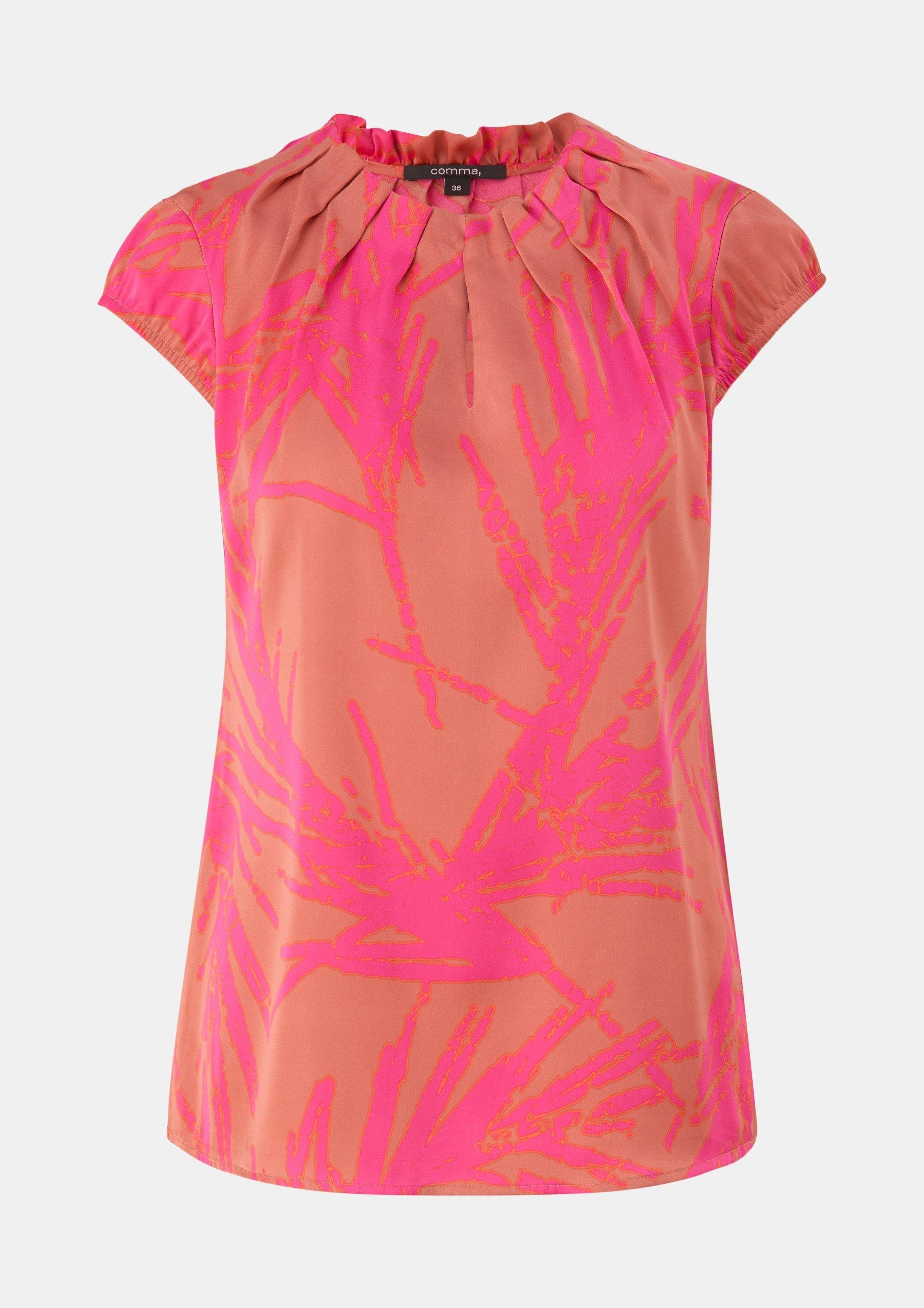 Kurzarmbluse Raffung mit pink Comma Bluse All-over-Print