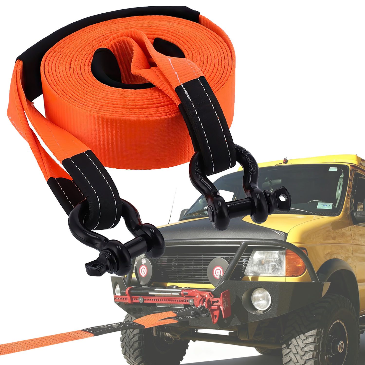 HEYHIPPO Abschleppseil Notfall-Autoabschleppseil 5 m, 5 t, D-Schäkel, Handschuhe und Tasche (Set, Polyester-Abschleppseil,reißfest, einfach zu bedienen und zu verstauen), Schweres Abschleppseil, orange Notfall-Abschleppband, 12 t Zugkraft