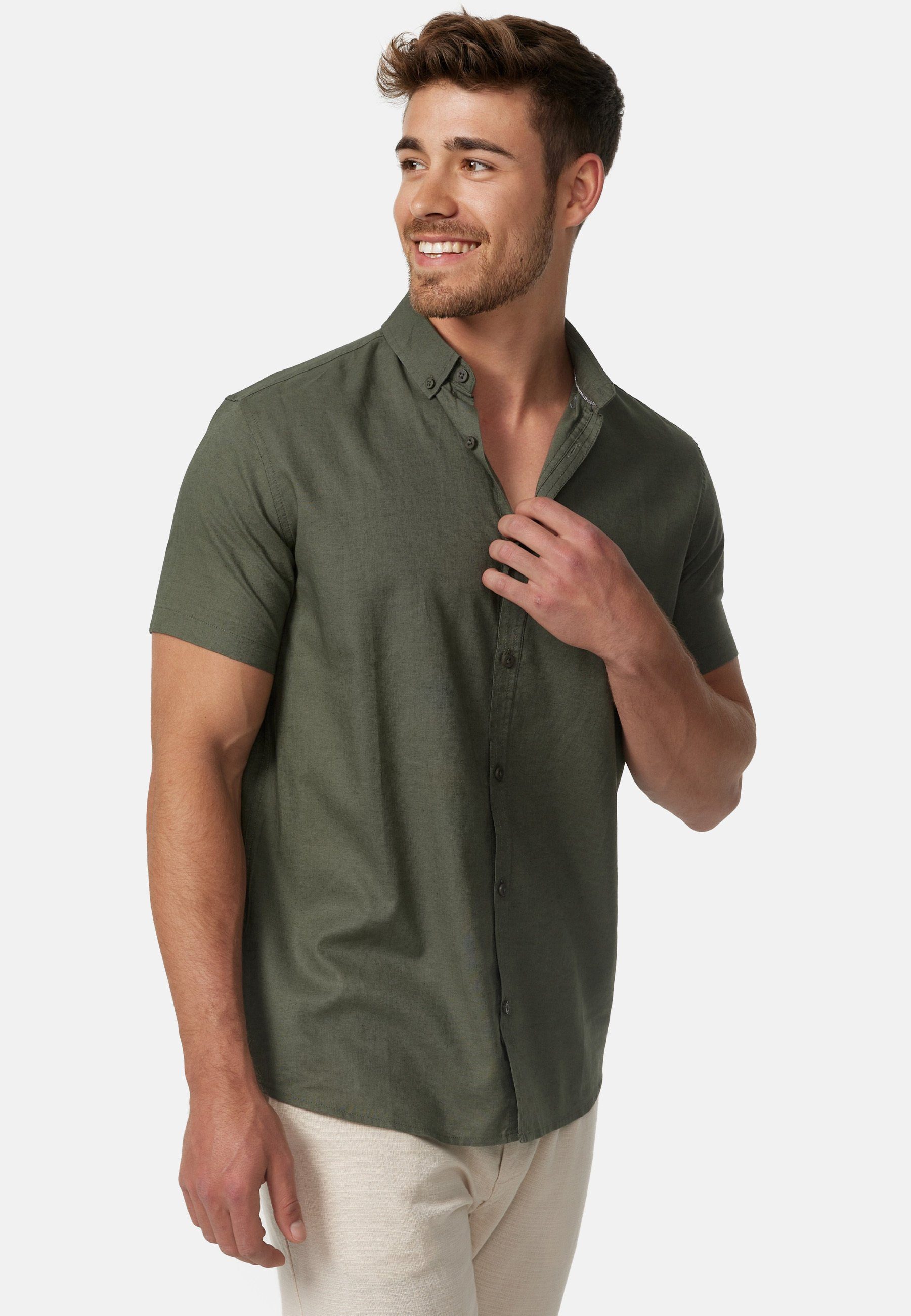 Indicode Kurzarmhemd Herren INBravida Herrenhemd Kurzarm aus einem leichtem Leinenmix, mit Button-Down-Kragen