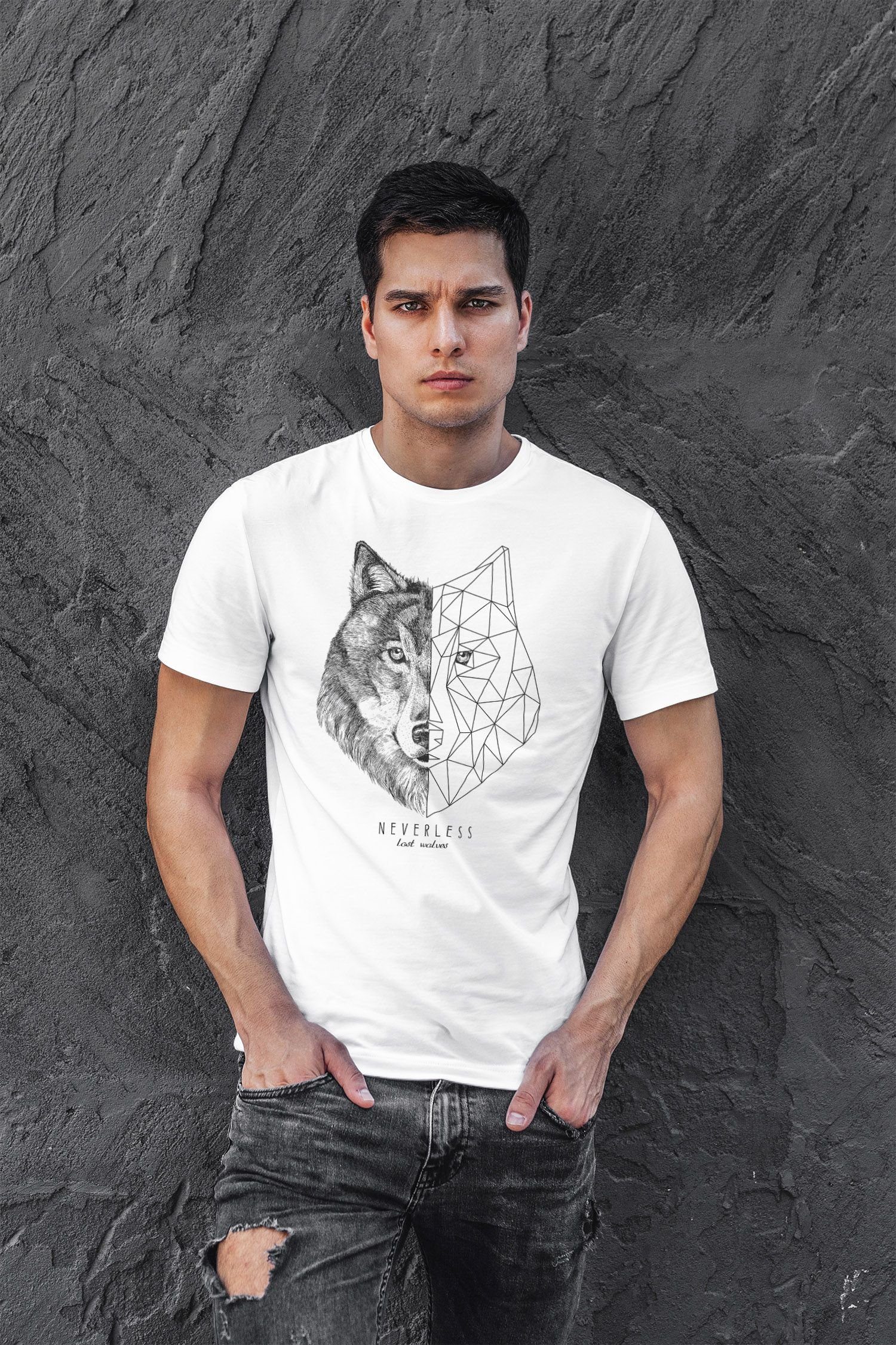 Wolf Kunst Streetstyle Herren weiß Print T-Shirt Polygon Print-Shirt Fashion Tiermotiv Printshirt Grafik Neverless® mit Neverless