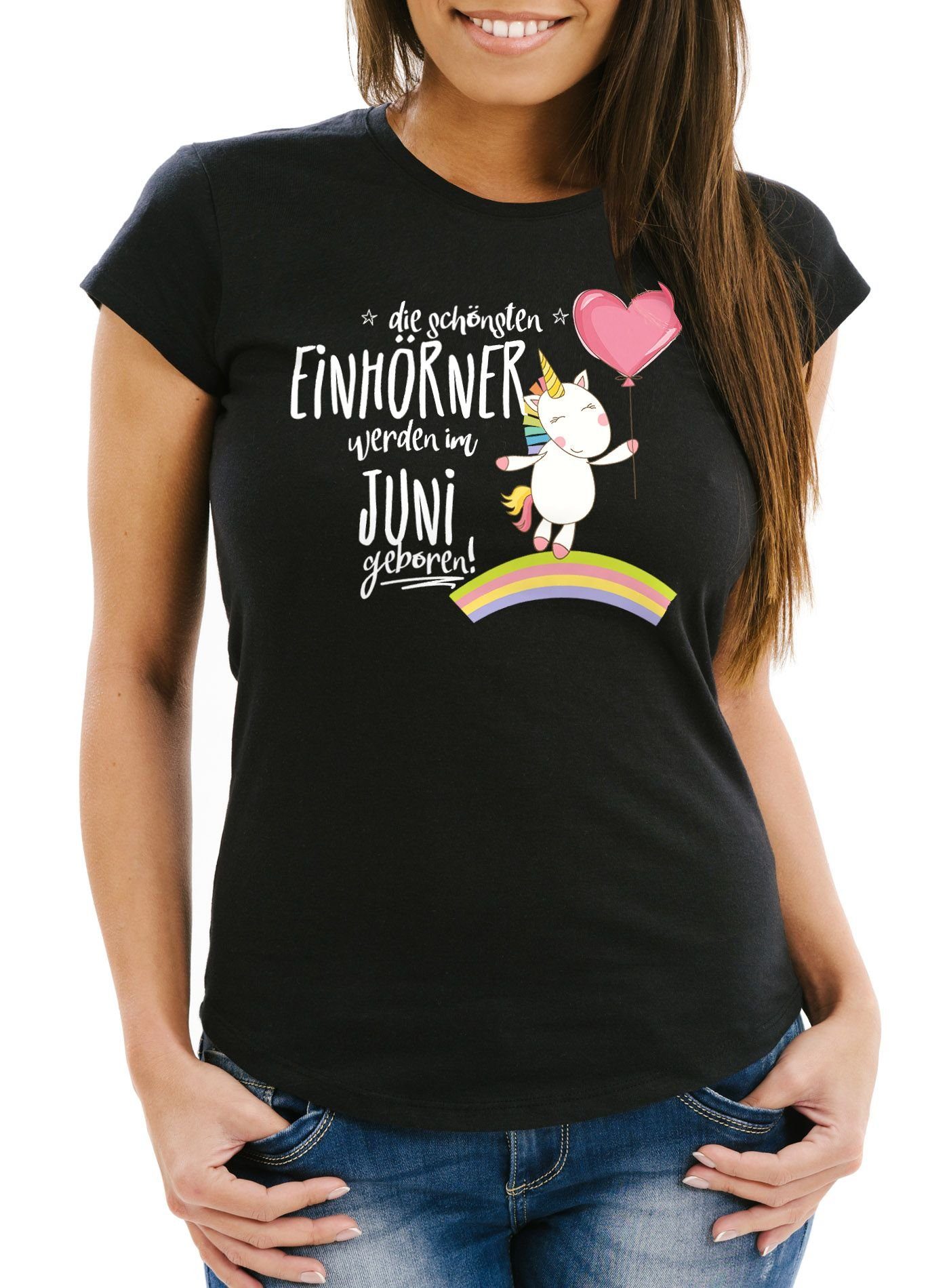 Geschenk mit Juni T-Shirt Moonworks® Einhörner Slim Damen werden Geburtstag die schwarz Print geboren Fit MoonWorks im schönsten Print-Shirt