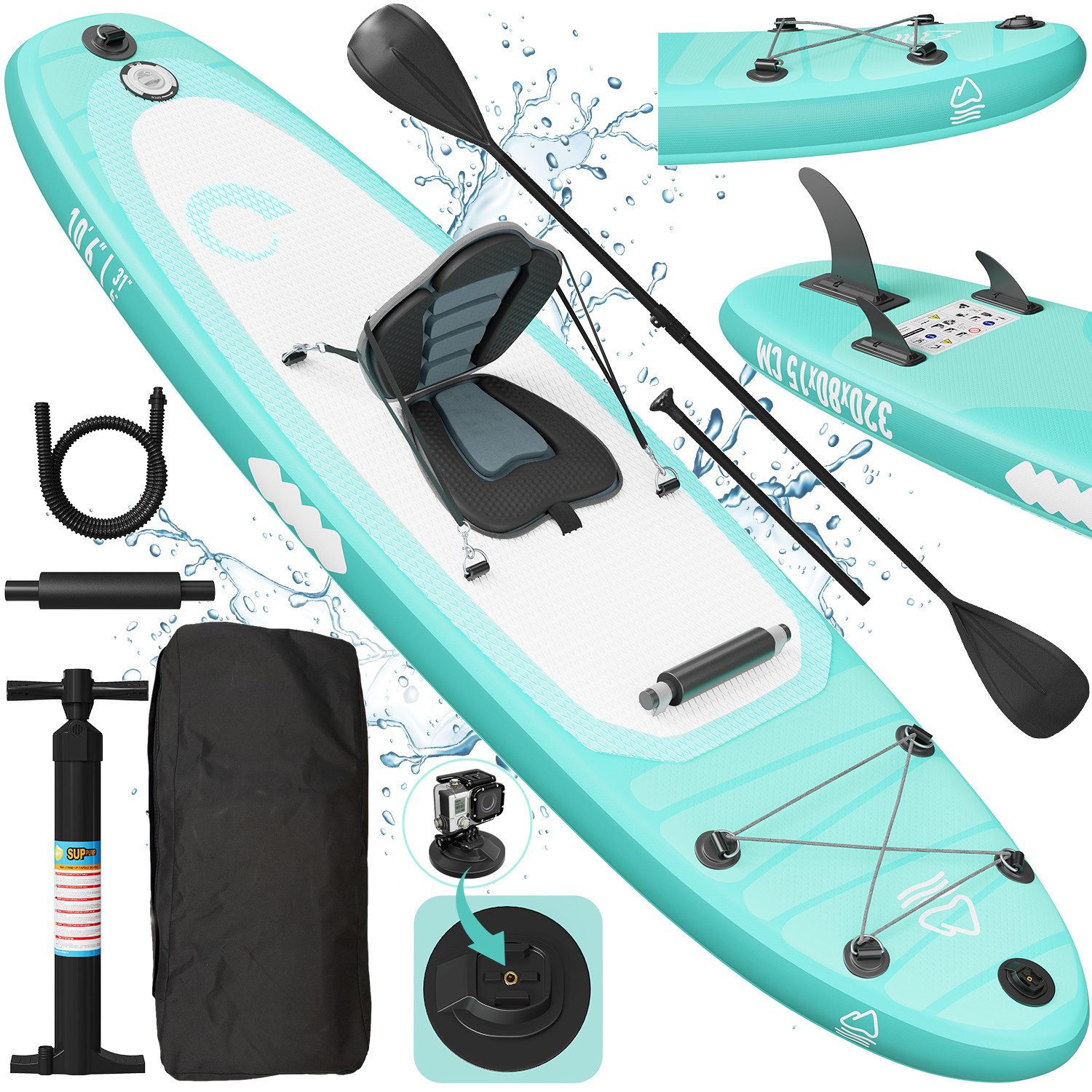 GUNJI Inflatable SUP-Board Aufblasbares 320*80*15CM stehendes Zellstoffbrett Tragfähigkeit 170KG, (Mit Kajaksitz, Rucksack, Pumpe, Doppelpaddeln, Sportkamerahalter, wasserdichter Handytasche, ideal zum Surfen, Angeln)