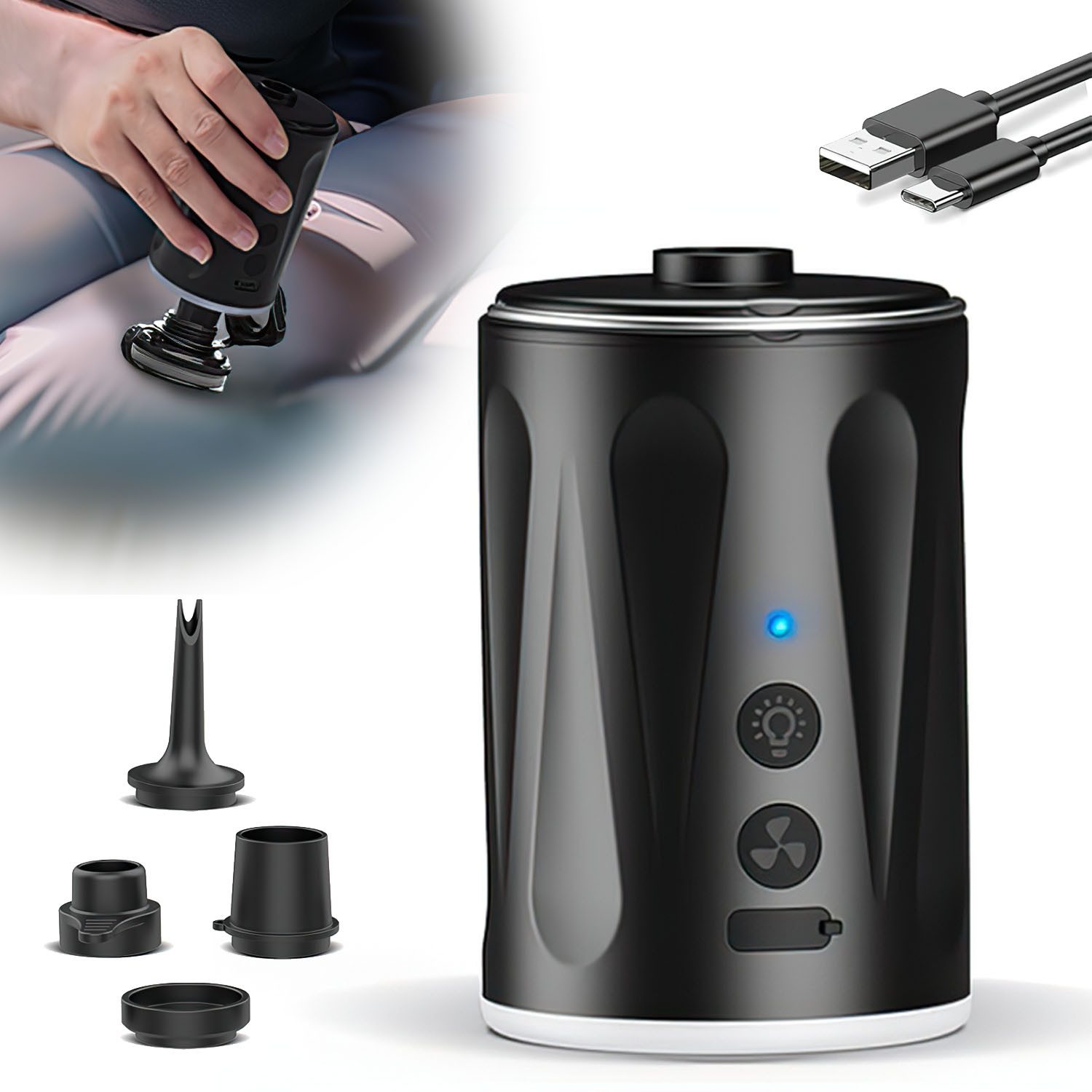 AIMAX Luftpumpe Elektrisch Pumpe Luftmatratze 6000 mAh Düsen, 2 Windstufen 6,5 kPA 400 l/min für Aufblasbare Boote, Luftmatratze