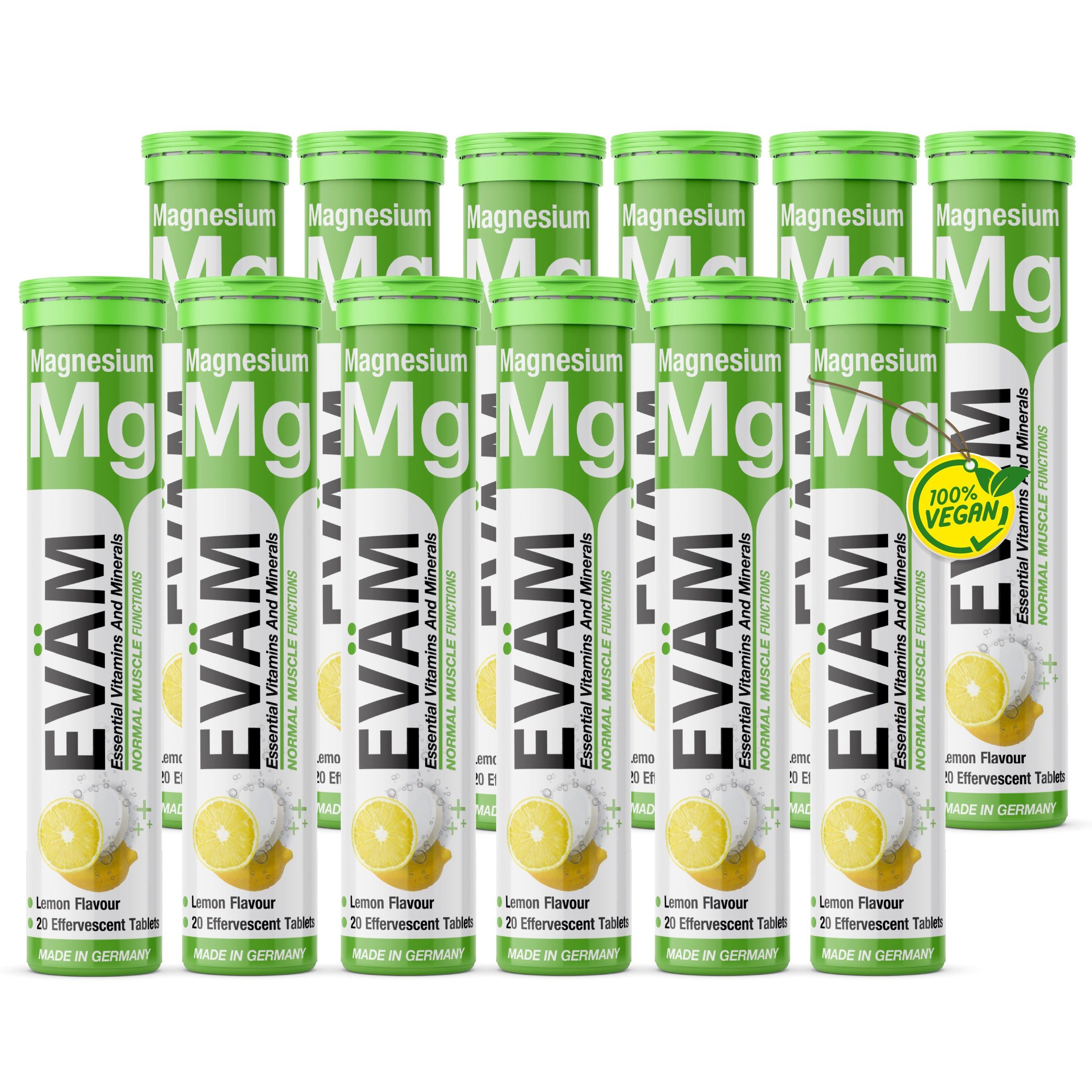EVÄM Magnesium 375 mg Brausetabletten, Zitrone, vegan Brausetabletten, 12 er Packung à 20 St., 984 g, Made in Germany
