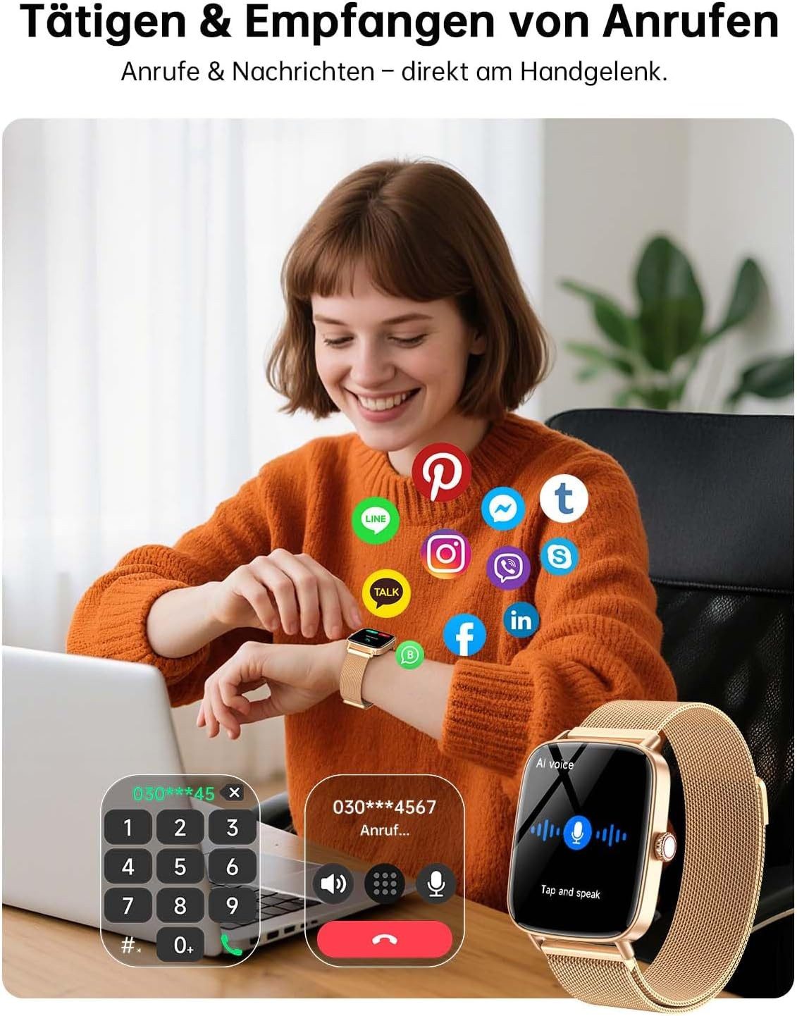 GYDOM Damen"s Bluetooth Uhr mit Telefonfunktion, Pulsmesser, wasserdicht Smartwatch (1,85 Zoll, Android/iOS), Fitness Tracker mit GPS, SPO2 Schlafmonitor, IP68 wasserdicht