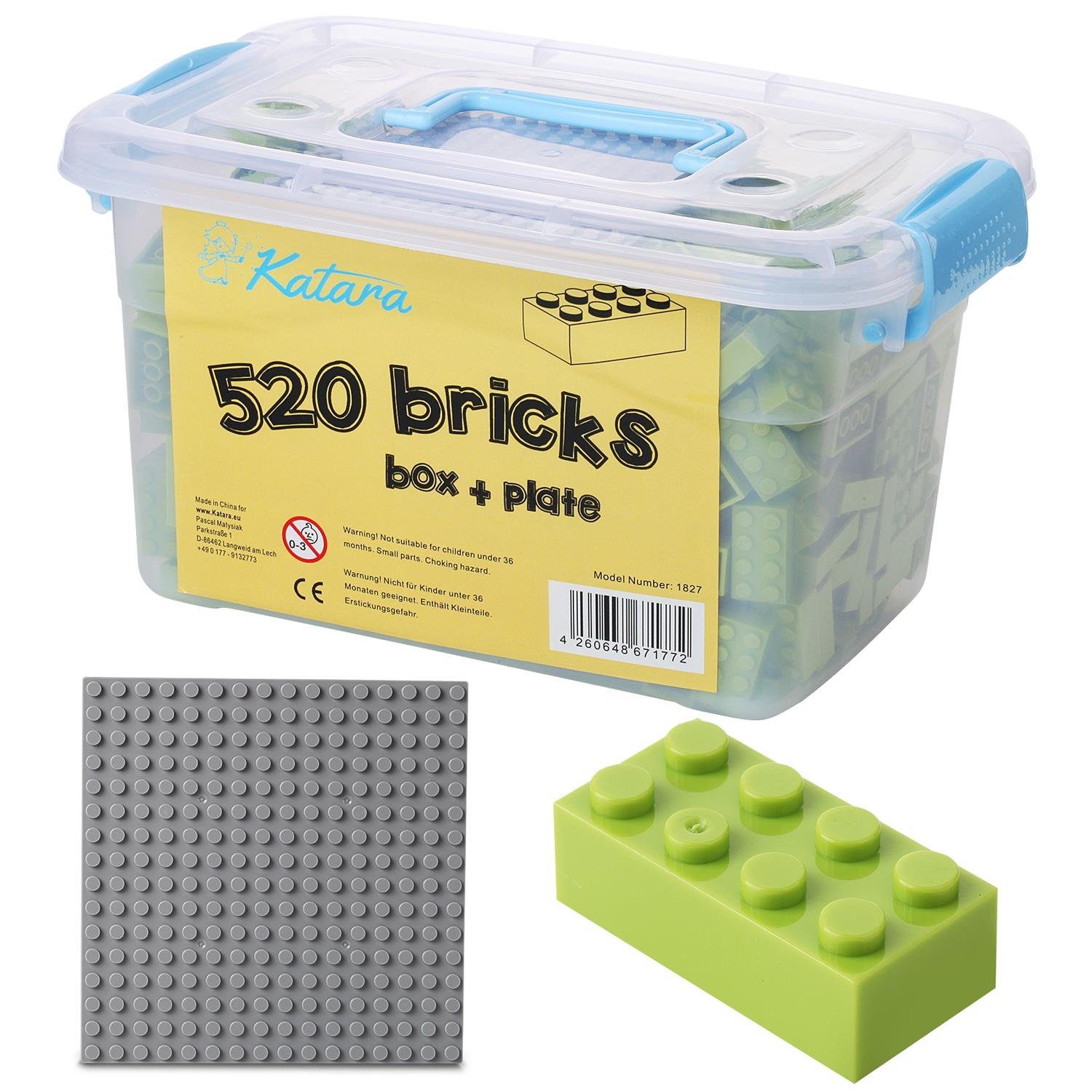 Katara Konstruktionsspielsteine Bausteine Box-Set mit 520 Steinen + Platte + Box, (3er Set), Kompatibel zu allen Anderen Herstellern - verschiedene Farben hell-grün