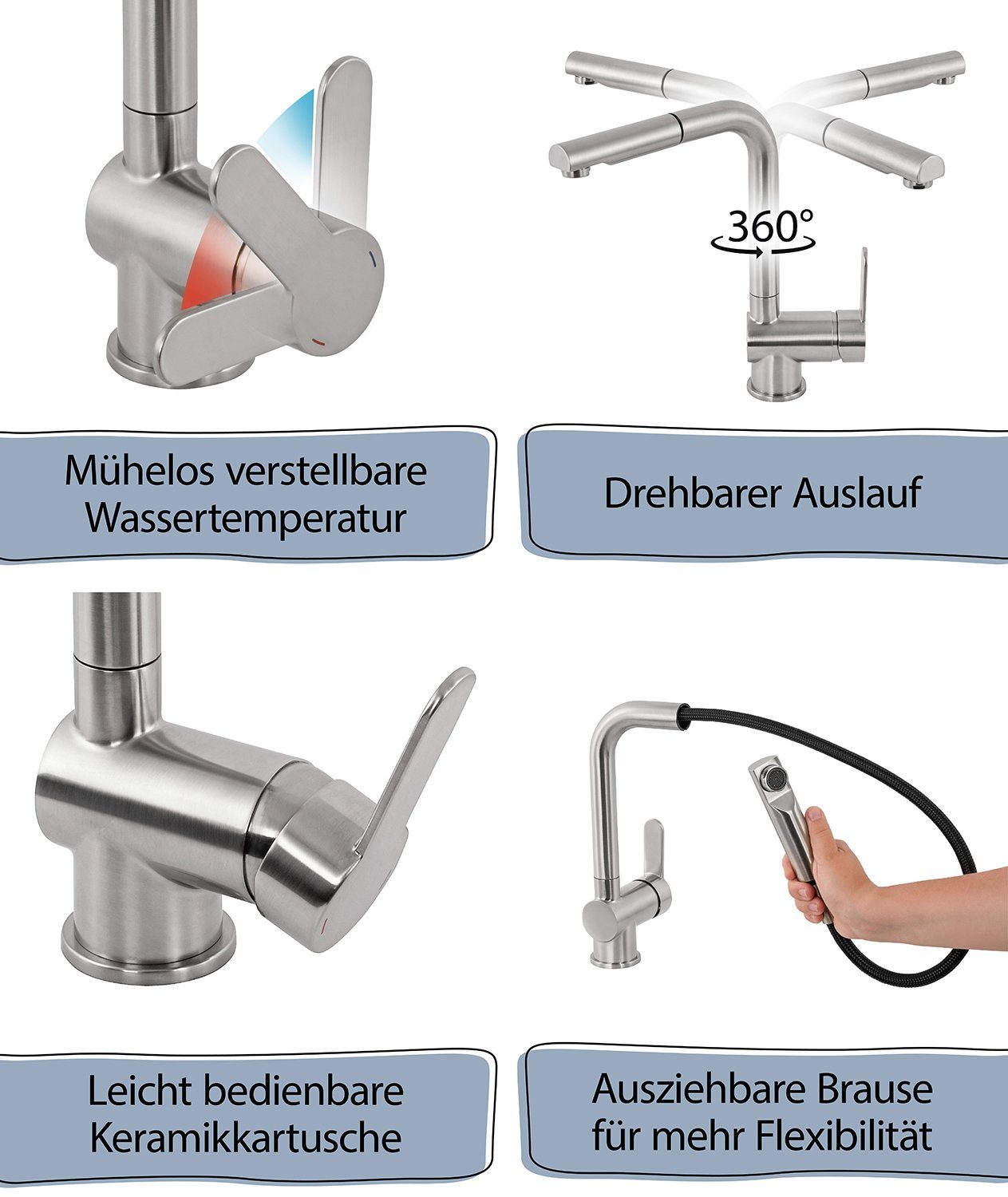 ausziehbare Spültischarmatur (Wasserhahn Geschirrbrause, Küche, Hochdruck, aquaSu Limited Küchenarmatur) 870313 Edelstahl-Optik,