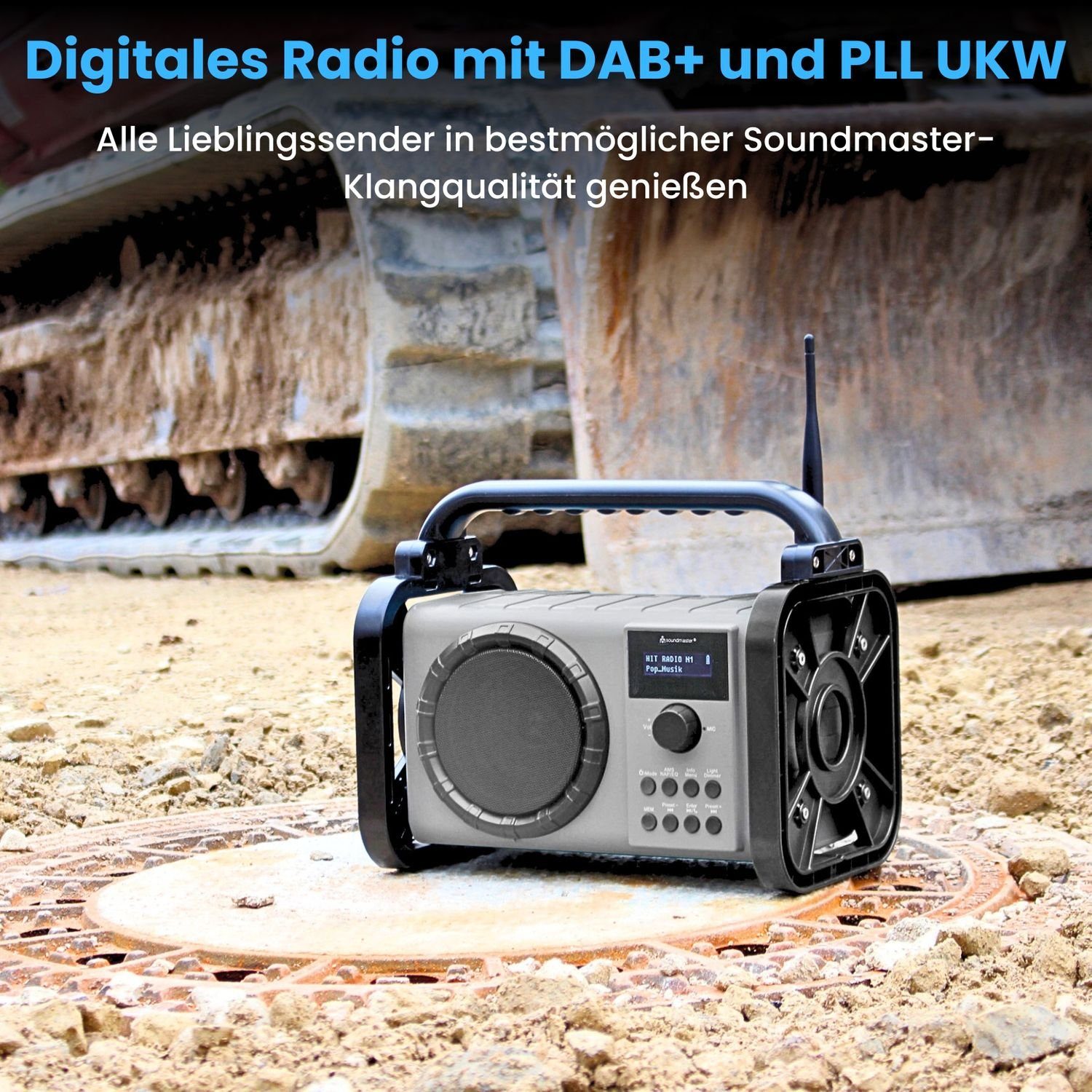 Soundmaster DAB80OR Baustellenradio DAB+ Bluetooth Akku IP44 spritzwassergeschützt Baustellenradio (DAB+, MW, PLL-UKW, FM, 5 W, Baustellenradio, ABS-Gehäuse, IP44 Spritzwasserschutz, LED Lampe, Akku)