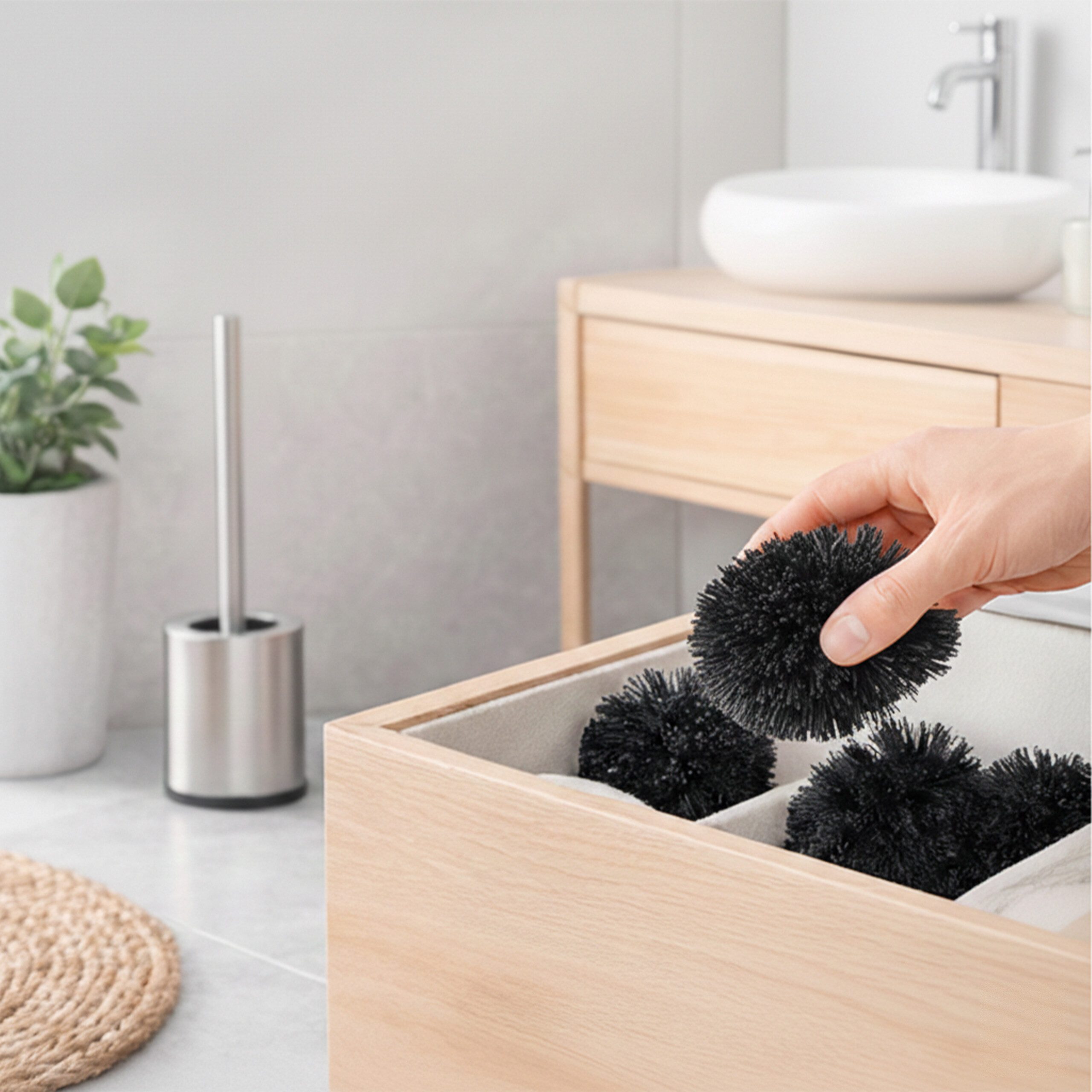 relaxdays WC-Reinigungsbürste WC Bürste mit 5 Bürstenköpfen D 8 cm, alle handelsüblichen WC-Garnituren, Gäste-WC, Badezimmer, (6-tlg), schwarz – Bild 5 von 5