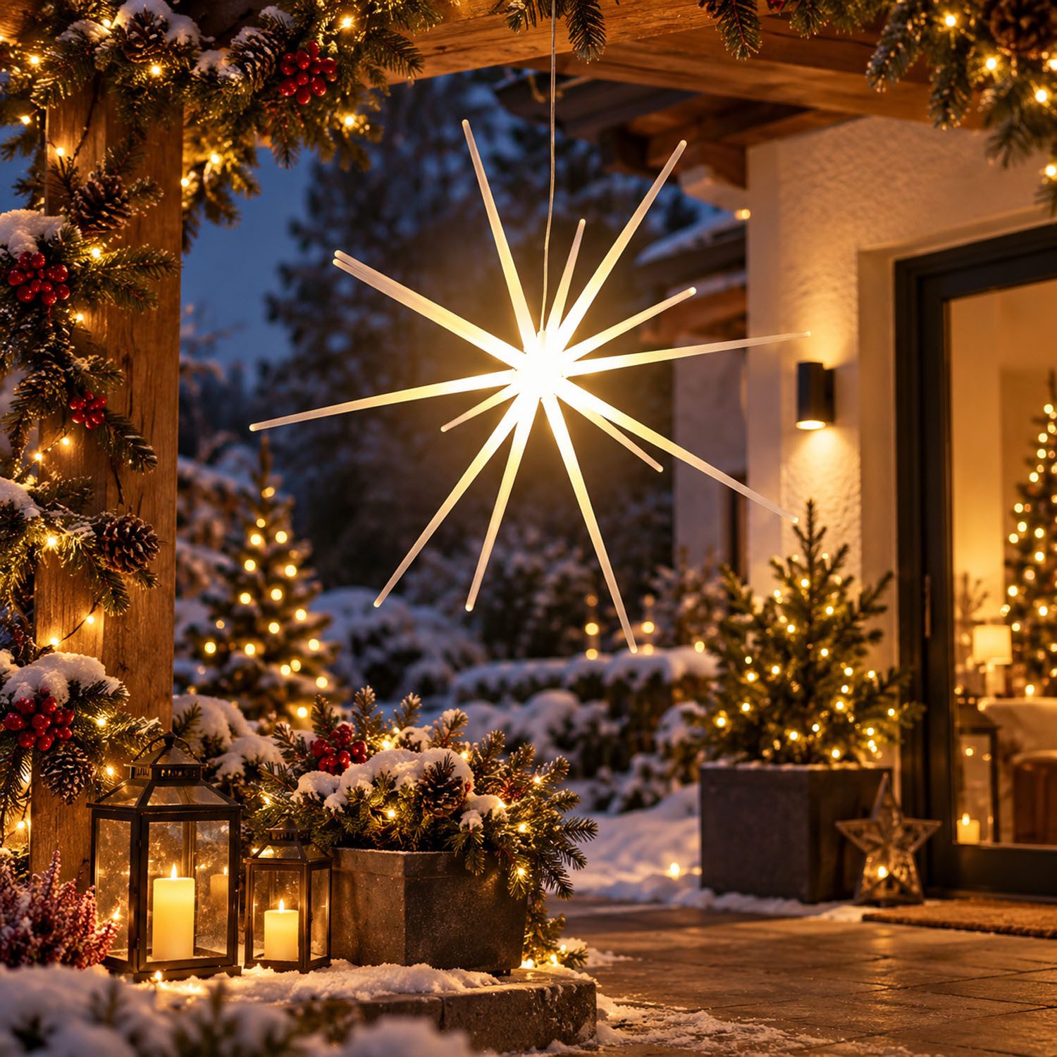 Mojawo Lichtervorhang 3D LED Stern zum Hängen Weihnachtsbeleuchtung DIA 51cm Außen Batterie – Bild 2 von 5
