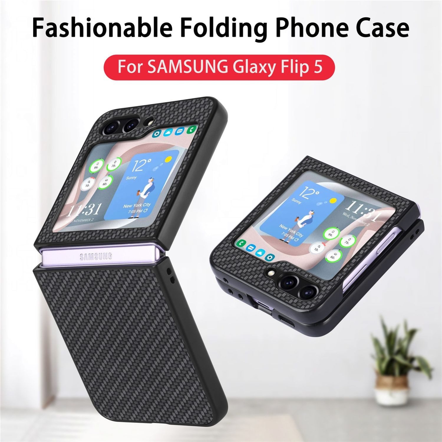 Wigento Handyhülle Für Samsung Galaxy Z Flip5 5G Carbon Handy Tasche Hülle Cover Etui Neu