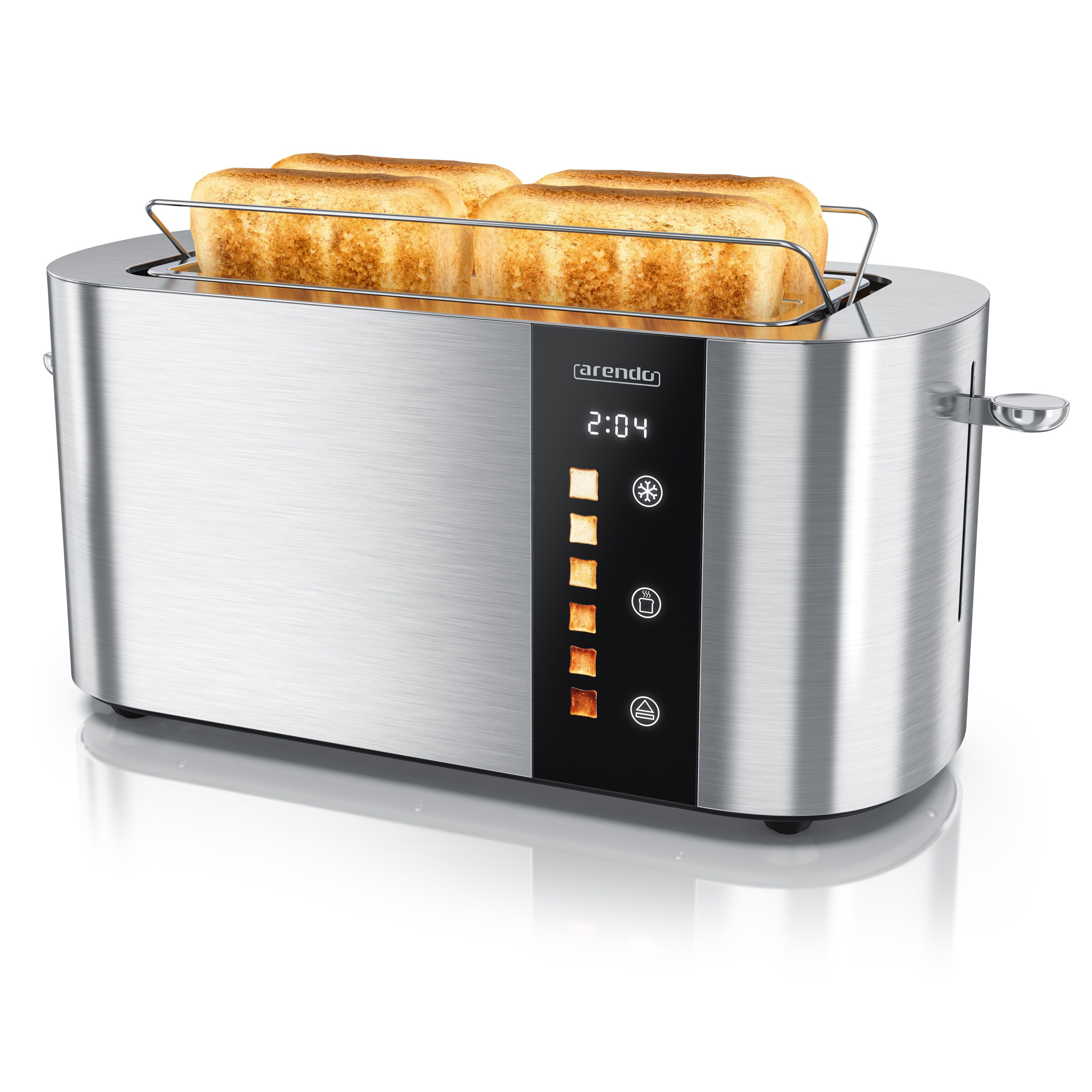Arendo Toaster Edelstahl 4-Scheiben Langschlitz, Touch, Restzeit Bräunungsgradanzeige, 2 lange Schlitze, für 4 Scheiben, 1500 W, Brötchenaufsatz, Wärmeisoliert, Toast-Symbole für Bräunungsgradauswahl