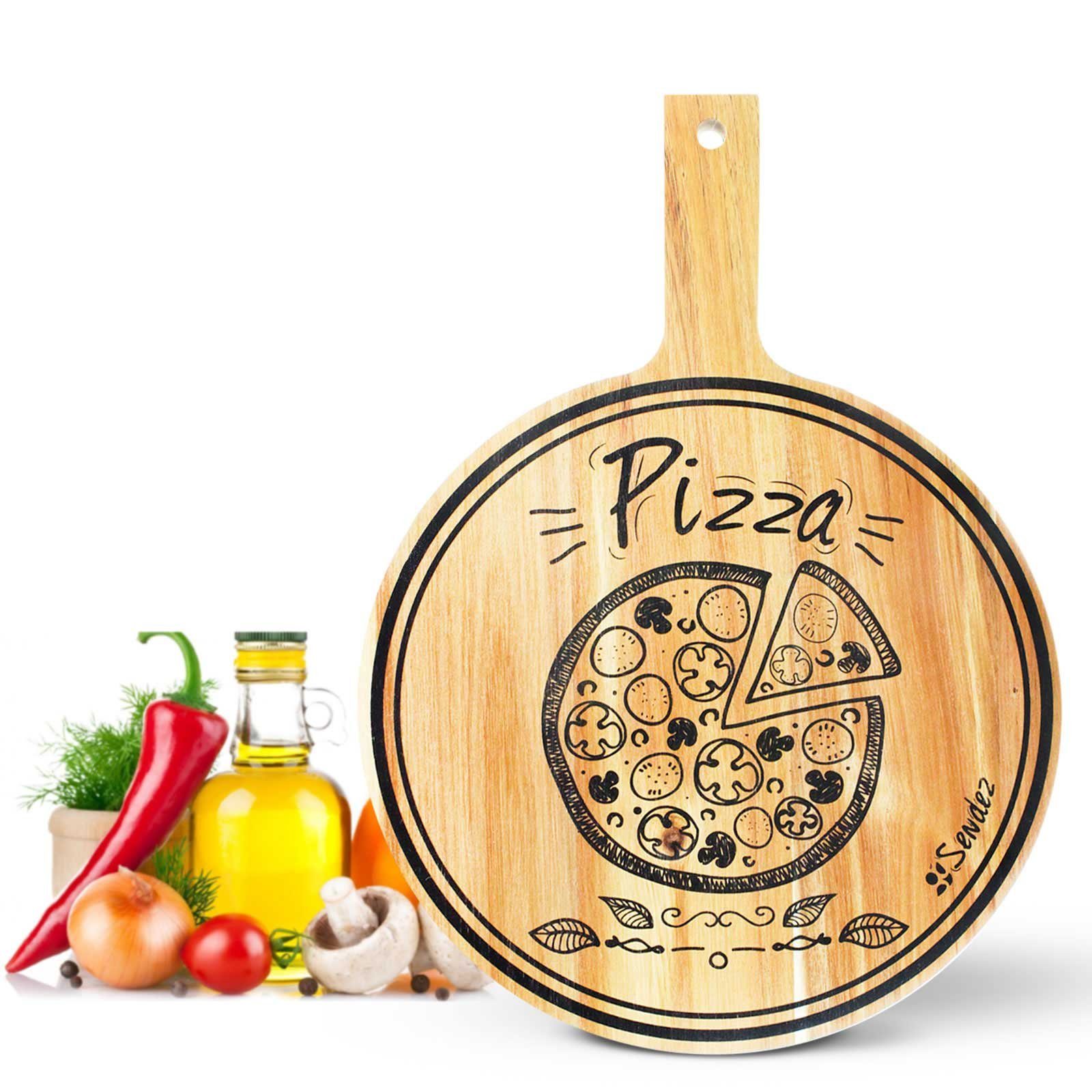Sendez Pizzaschneidebrett Pizzabrett mit Griff und Aufdruck ø30cm Holzbrett Pizzateller
