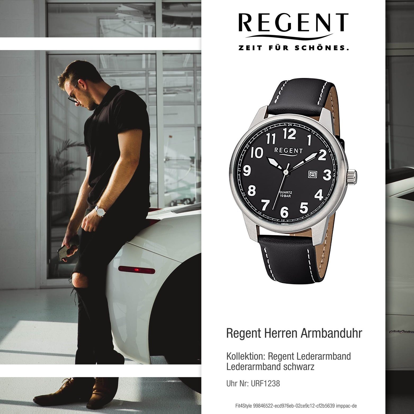Regent Quarzuhr Regent Leder Herrenuhr Gehäuse, 41mm) F-1238 Analog, Herren rundes Uhr groß (ca. Lederarmband schwarz