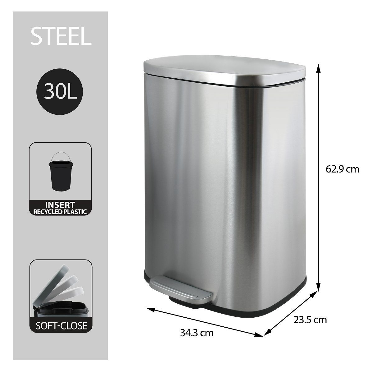 Mülleimer AKIRA, Abfall Treteimer XL, Softclose Absenkautomatik, herausnehmbarer Innenbehälter, Anti-Fingerprint Oberfläche, Stahl matt-satiniert, für Küche, Büro, Hauswirtschaftsraum, 30 L, silberfarben