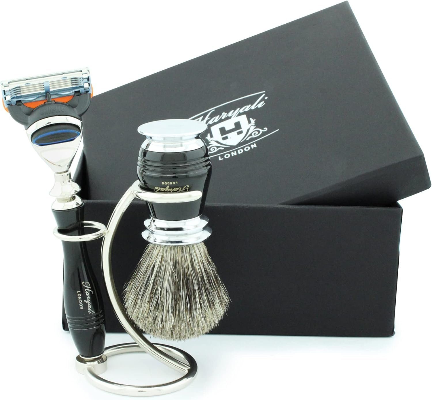 Haryali London Rasierpinsel-Set Gillette Fusion Rasierer mit schwarzem Griff und Edelstahlständer, 3 tlg.