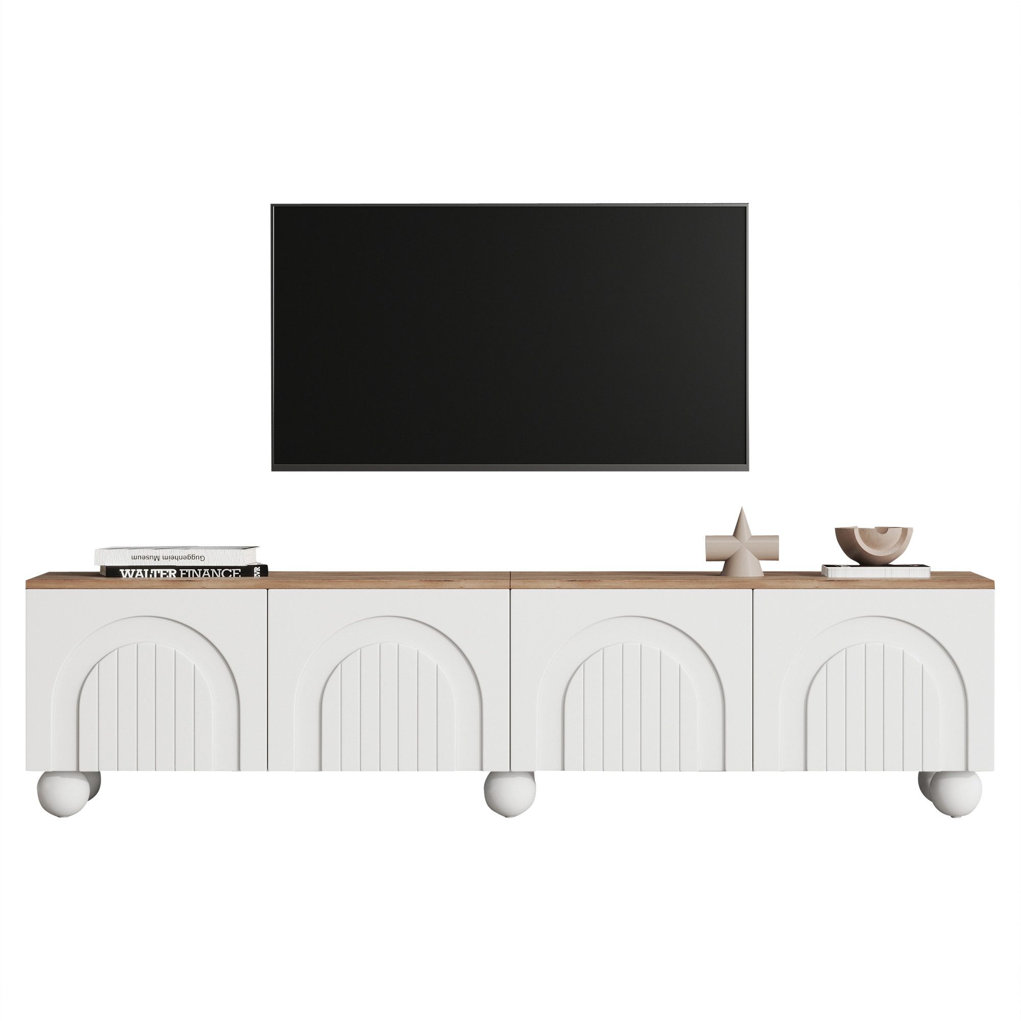Merax Lowboard mit 6 Kugelfuß-Metallbeinen, in Weiß und Holzoptik (1 St., 180×40×45cm), TV-Schrank mit 4 Türen, eleganten Türnuten & großem Stauraum