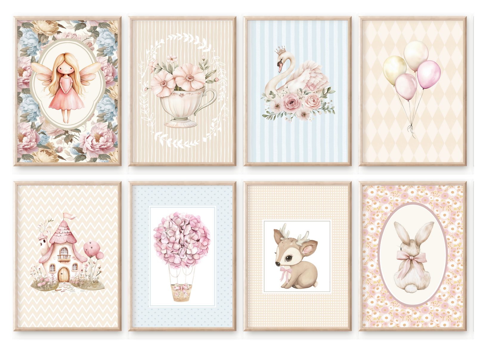 homestyle-accessoires Mehrteilige Bilder Kinderzimmer Bilderwand 8erSet Bilderset Babyzimmer ELFE BAMBI HASE, Hochformat, Künstlerpapier, ohne Rahmen