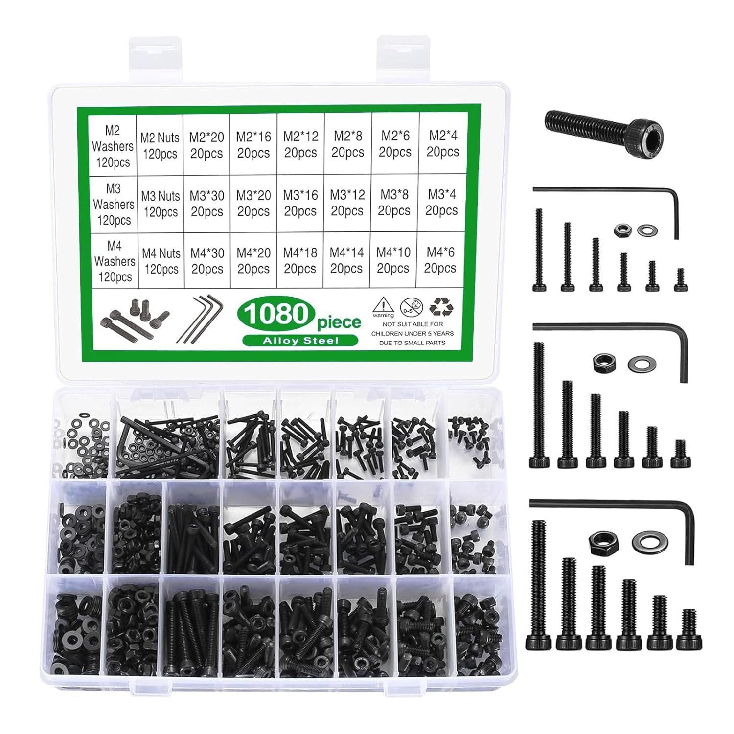 FELIXLEO Schrauben-Set 1080tlg Schraubenset M2 M3 M4 Schrauben Muttern Unterlegscheiben, (1 St)