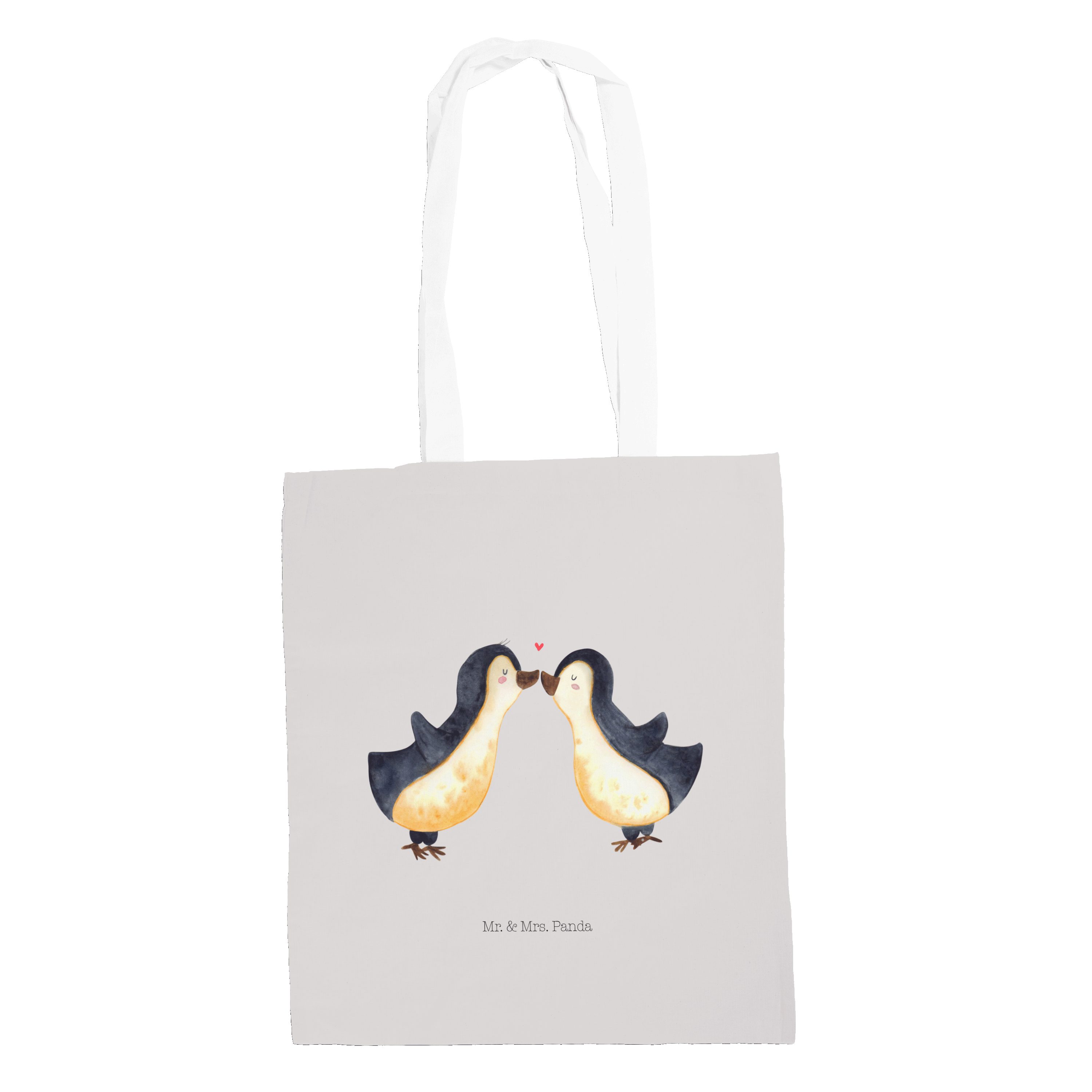 Mr. & Mrs. Panda Tragetasche Pinguin Liebe - Grau Pastell - Geschenk, Jutebeutel, Stoffbeutel, Pin (1-tlg)