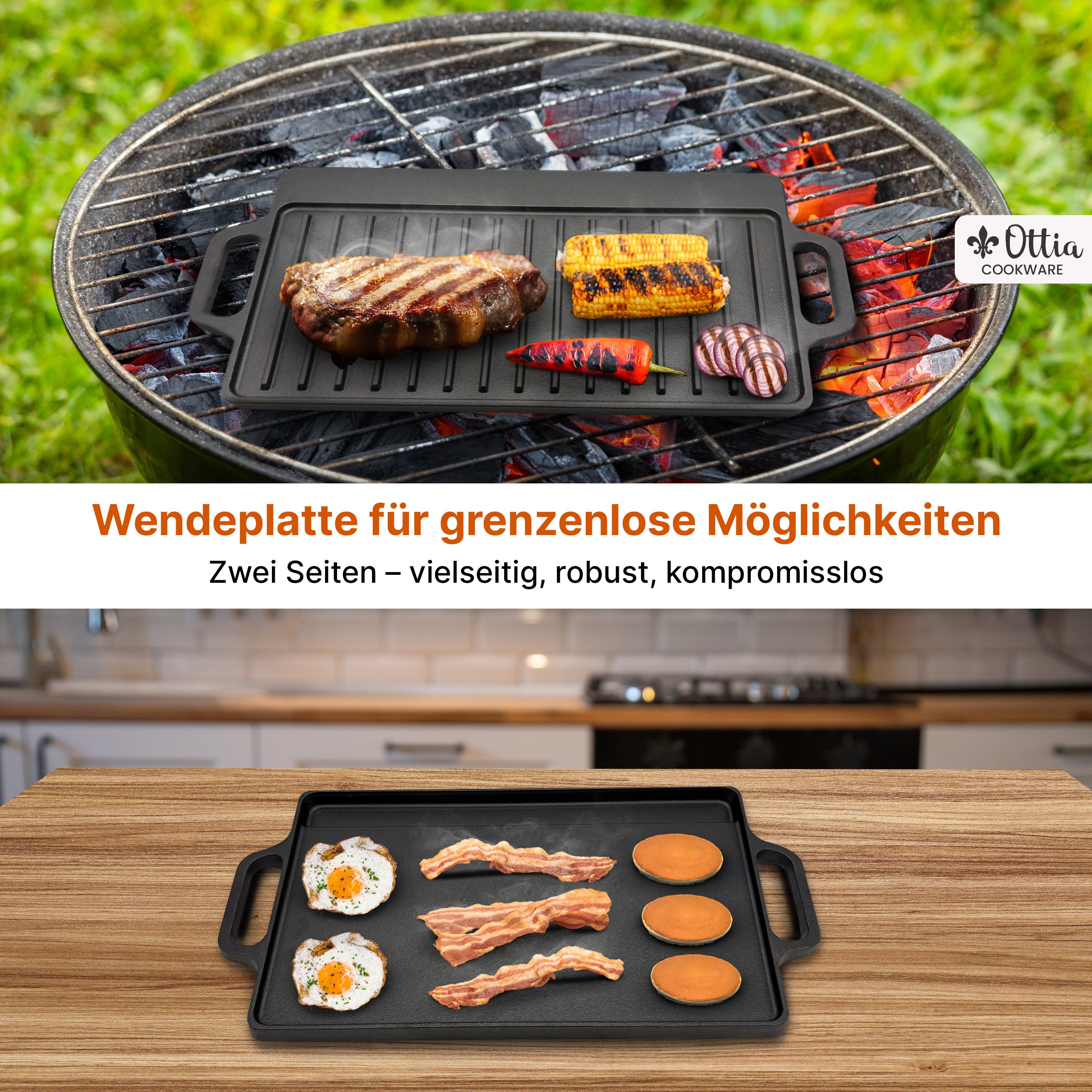 Ottia Grillplatte Grillplatte: Gusseiserne Wende-Grillplatte für Ofen, Herd und Grill (kein Set), Gusseisen für optimale Hitzespeicherung