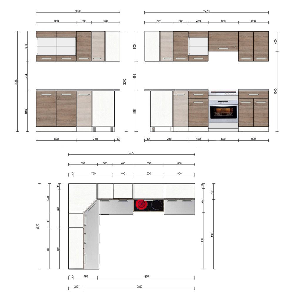 Vicco Winkelküche Rick, Weiß/Sonoma, 247 x 167 cm, AP Marmor