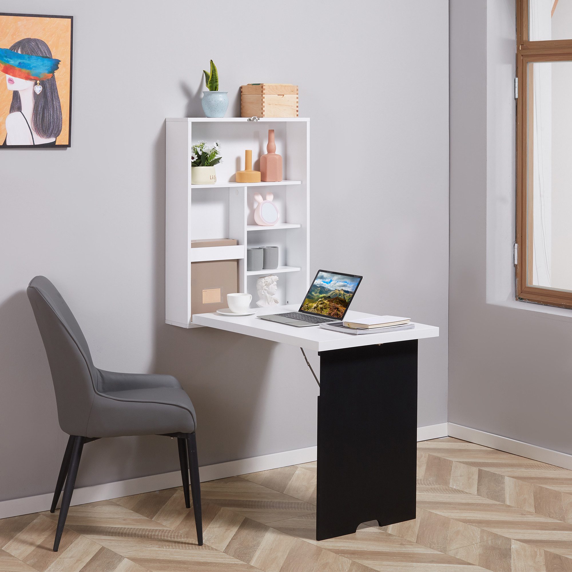 HOMCOM Klapptisch Schreibtisch Wandtisch mit Tafel, 6 Fächern (Computertisch, 1-St., Klappschreibtisch), Weiß+Schwarz 60 x 94,5 x 147 cm