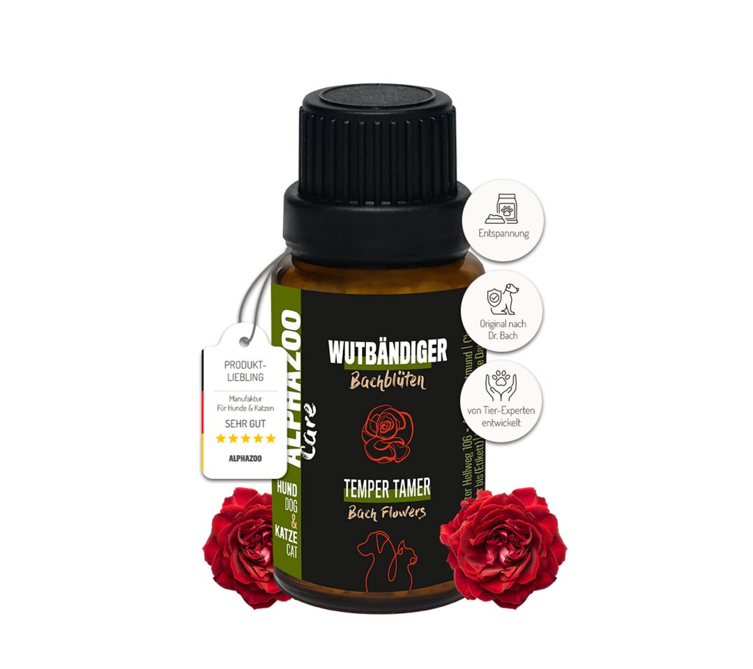 ALPHAZOO Wutbändiger Bachblüten 15g, Globuli - Aggression - für Hunde und Katzen, Ergänzungsfutter für: Katzen, Hunde, Perfekt bei Aggressivität, Reizbarkeit und Dominanz