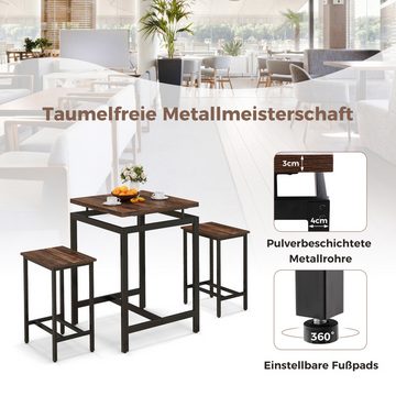 COSTWAY Bartisch, Küchentisch in Thekenhöhe mit 2 Stühlen & Fußstütze, Braun