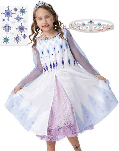 Corimori Prinzessin-Kostüm Prinzessinnen-Kostüm Set für Elsa Fans, Kinder, Mit Eiskönigin Diadem, Tattoo-Bogen für Mädchen, Karneval, Fasching