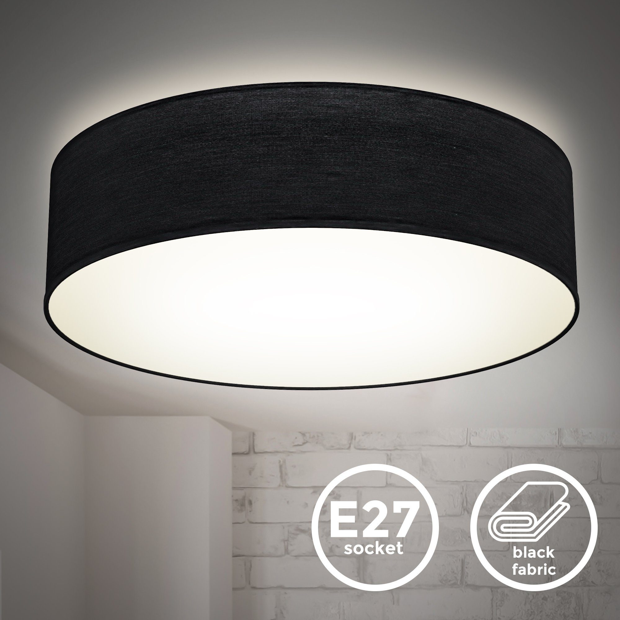 E27 Schafzimmer Deckenleuchte LED Ø38cm schwarze B.K.Licht Küche Halogen, mit Wohnzimmer Leuchtmittel, 2-fammig Textilschirm Stoffdeckenleuchte BKL1220 Stoff-Deckenlampe ohne