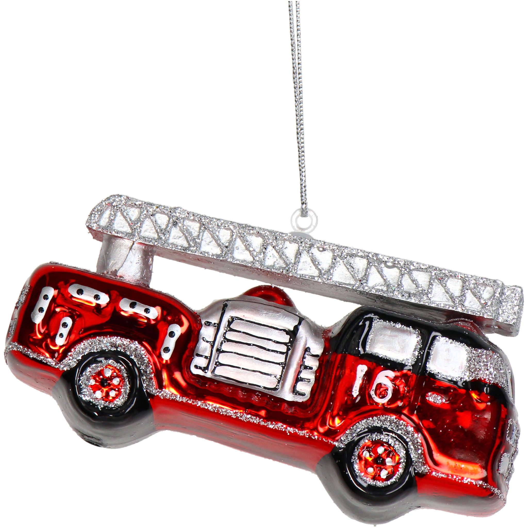 HD Collection Christbaumschmuck, Christbaumschmuck Glas 10,5cm Feuerwehrauto Figur Rot / Silber