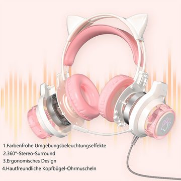 Gontence Headset,Gaming-Headset mit Katzenohren,Geräuschunterdrückung Over-Ear-Kopfhörer (Hirschohren, Stereo, Abnehmbare Katzenohren, Klappbar)