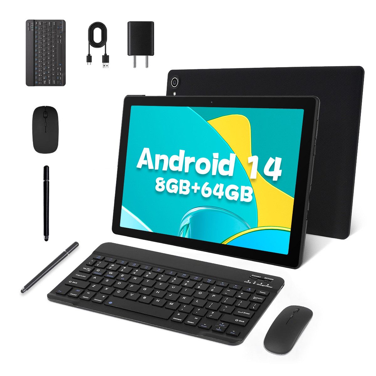 Happybe 10-Zoll-Tablet Android 14 5000mAh mit Maus, Tastatur und Stylus Tablet (10", 64 GB, Dual-Kamera)