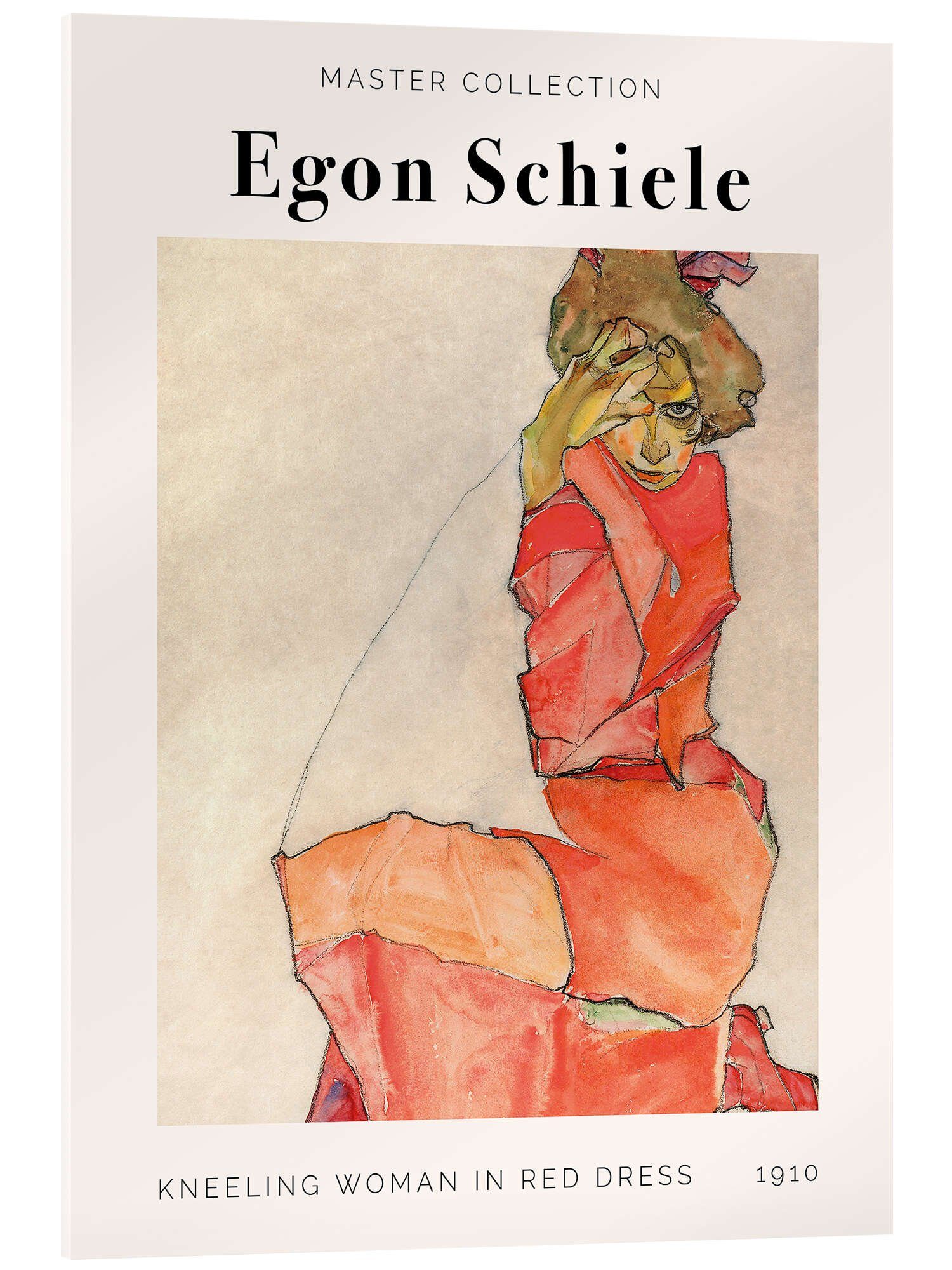Posterlounge Acrylglasbild Egon Schiele, Kneeling Woman in Red Dress, 1910, Wohnzimmer Malerei