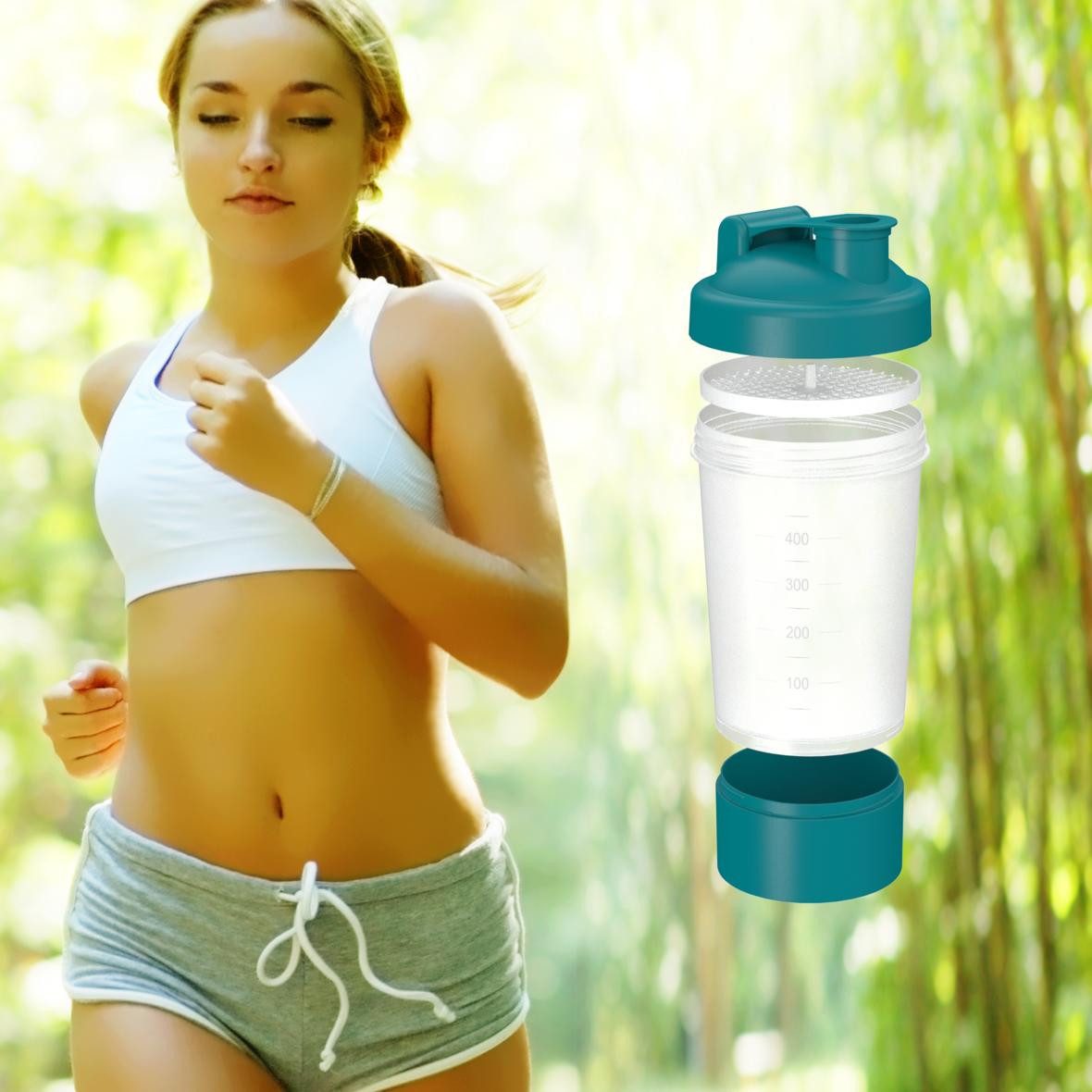 elasto Protein Shaker 400ml Fitness shaker mit Pulverfach inkl. Sieb und Skala, Shaker für Eiweiß- & Sportgetränke, auslaufsicher, einfache Reinigung