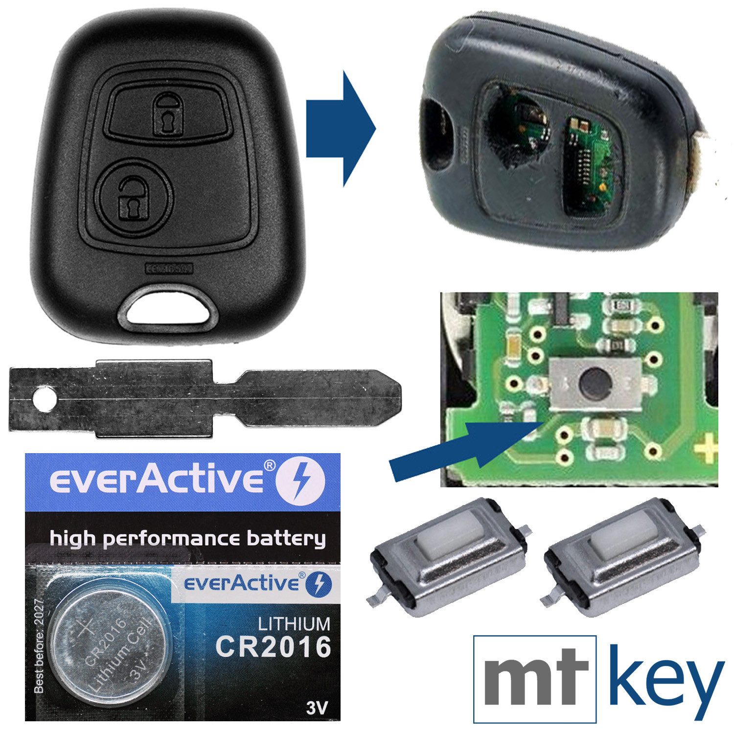 mt-key Auto Schlüssel + 1x Rohling NE78 + 2X Mikrotaster + passende CR2016 Knopfzelle, CR2016 (3 V), für Peugeot 406 Citroen Funk Fernbedienung