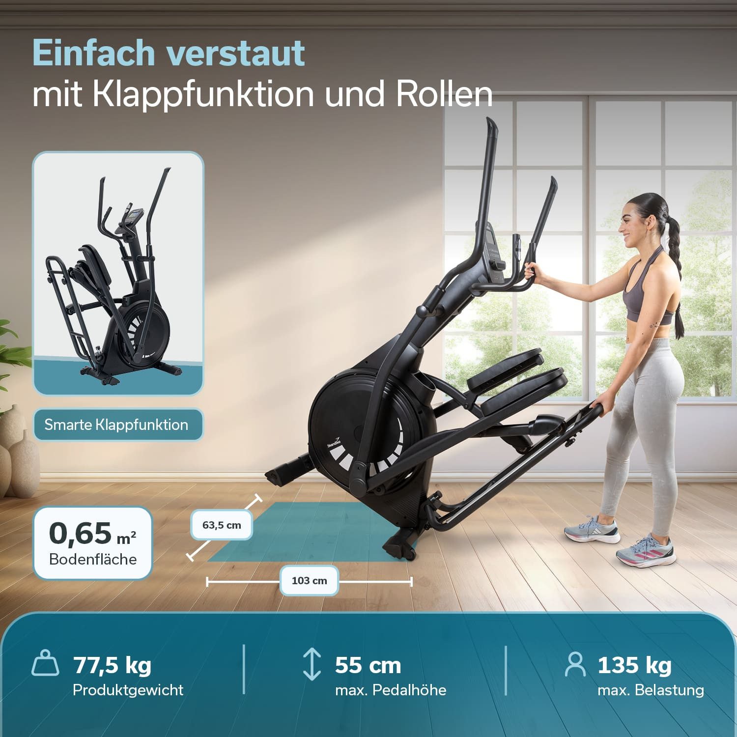 Skandika Crosstrainer Carbon P23, Ellipsentrainer für Zuhause, 23 Programme, Transportrollen, App kompatibel, bis 135 kg, 16 Widerstandsstufen