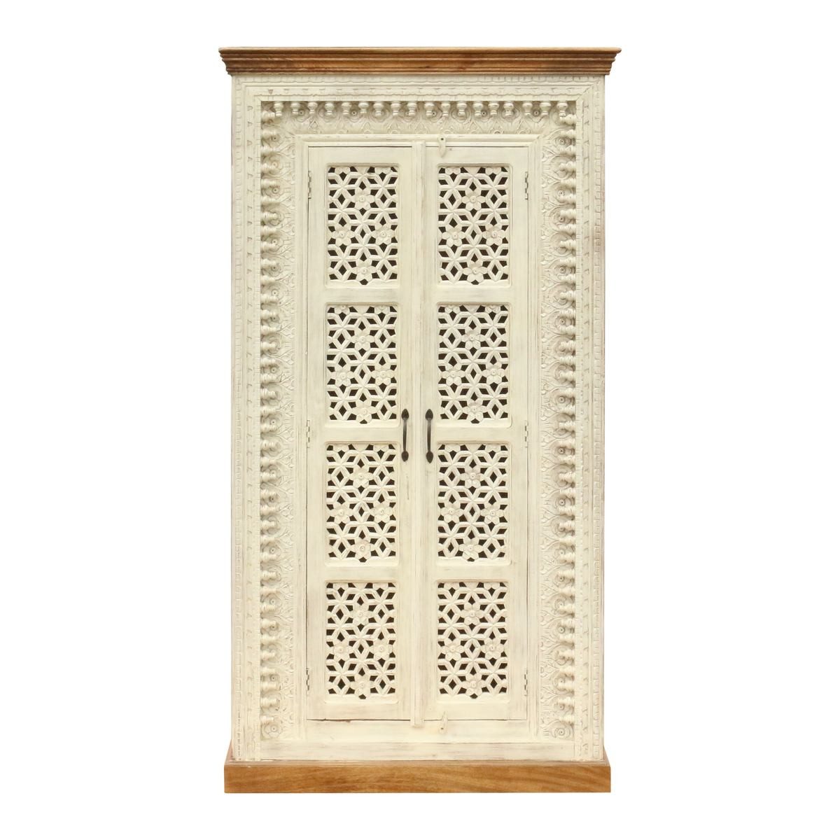 Oriental Galerie Mehrzweckschrank Schrank Amba Indien Natur Weiß 190 cm Schrank, Wohnzimmer, Schlafzimmerschrank braun weiß Landhaus