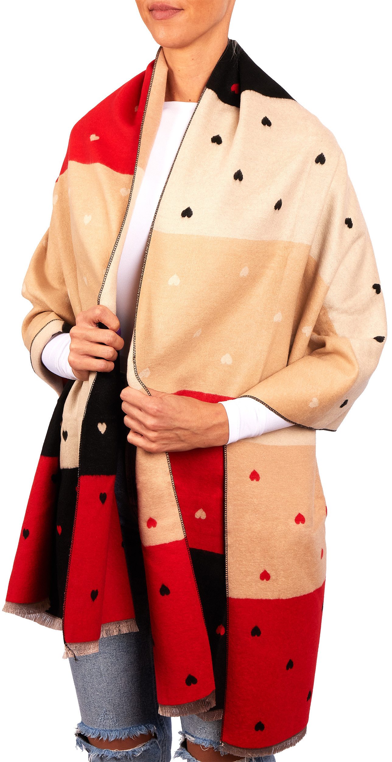 BRUBAKER Schal Cashmirillo Damen Schal mit Herz Muster - 70 x 200 cm, (Weiches Kaschmir-Gefühl, 1-St. für Herbst und Winter), Warm, Kuschelig und Oversized - He – Bild 2 von 5