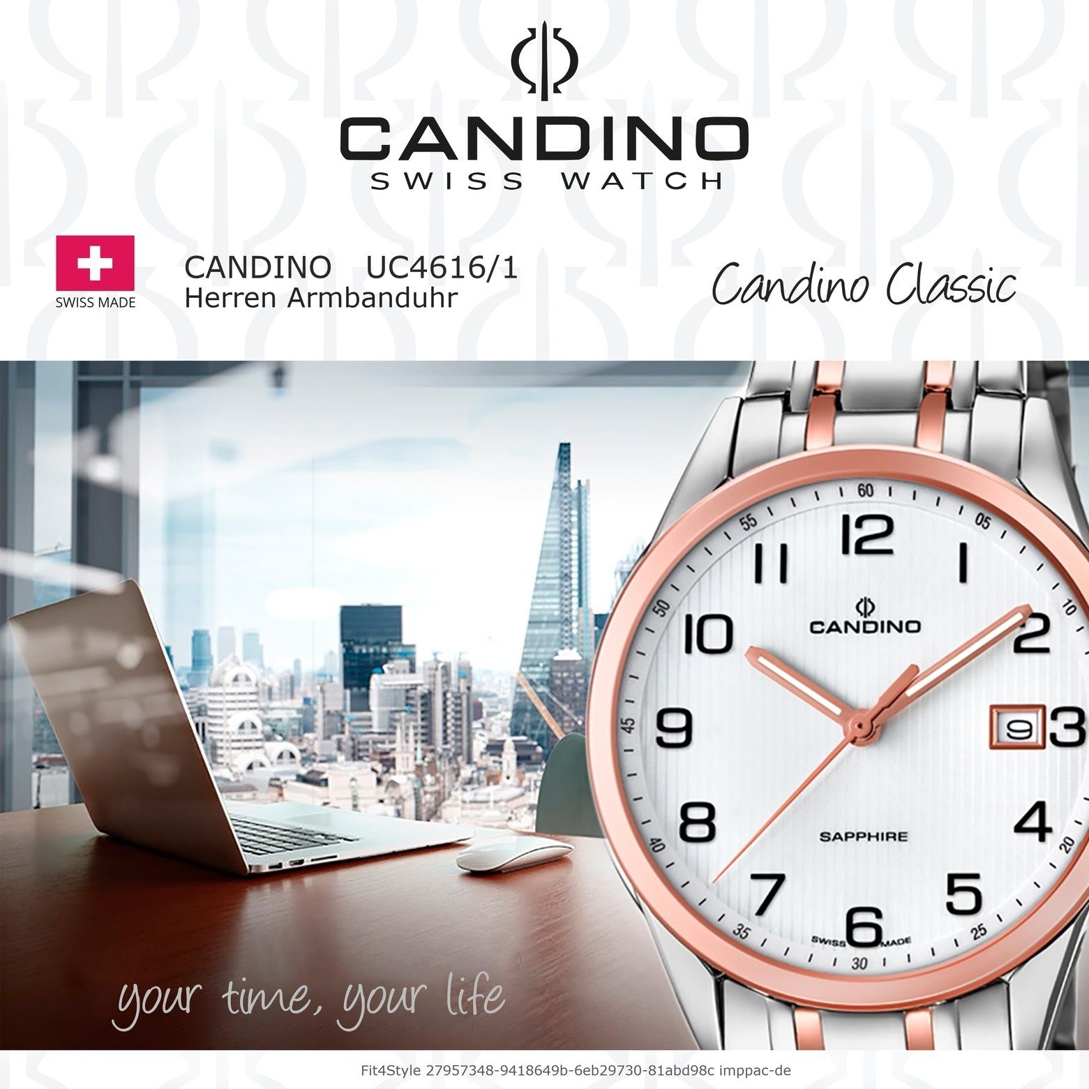 Herren Uhren Candino Quarzuhr UC4616/1 Candino Herren Uhr Analog C4616/1, Herren Armbanduhr rund, Edelstahlarmband roségold, sil