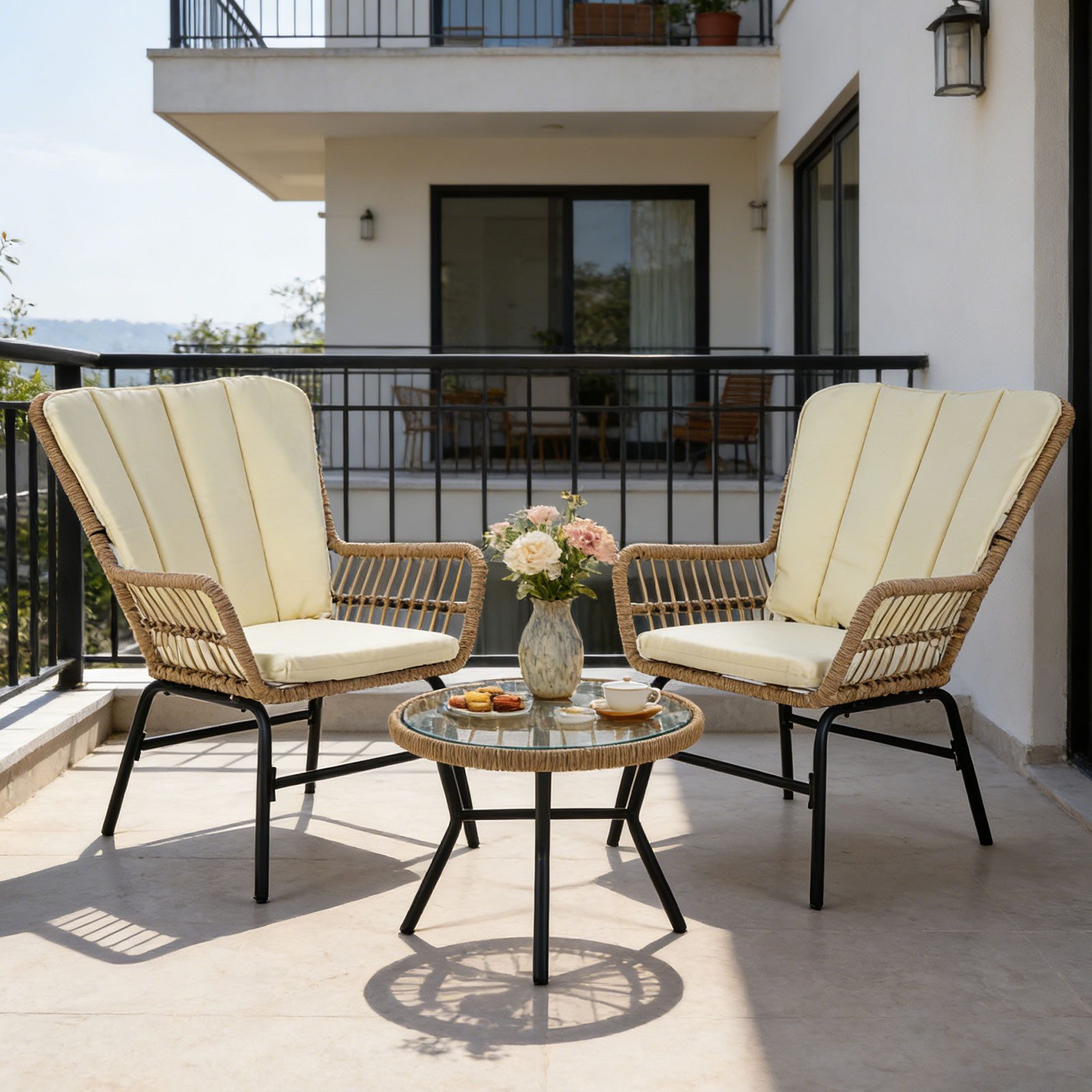 COSTWAY Balkonset, (3-tlg), Bistro-Set, Rattan Gartenmöbel Set mit 2 Stühle