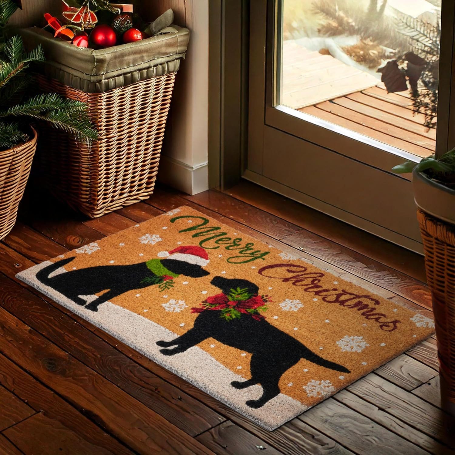 BRUBAKER Fußmatte Hunde mit Weihnachtsmütze, Schleife & Schneeflocken - Sch günstig online kaufen