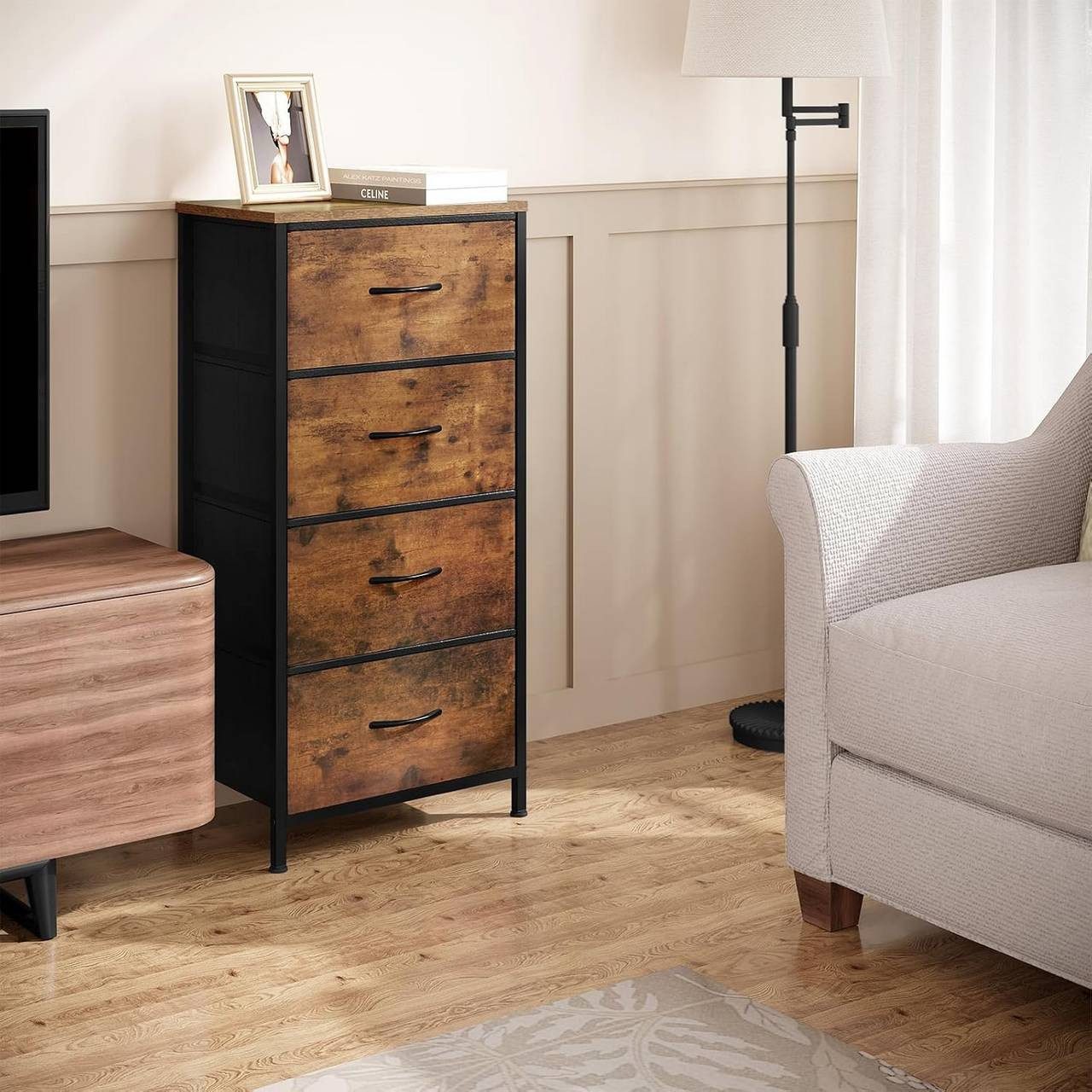 Woltu Kommode (1 St), schmal, mit 4 Schubladen aus Stoff, Sideboard