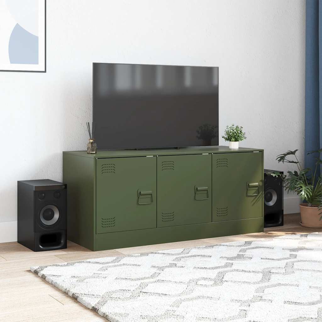 furnicato TV-Schrank 99 x 39 x 44 cm Olivgrün aus kaltgewalztem Stahl (1-St) Lowboard mit 3 Fächern, Metallgriffen und viel Stauraum im Wohnzimmer