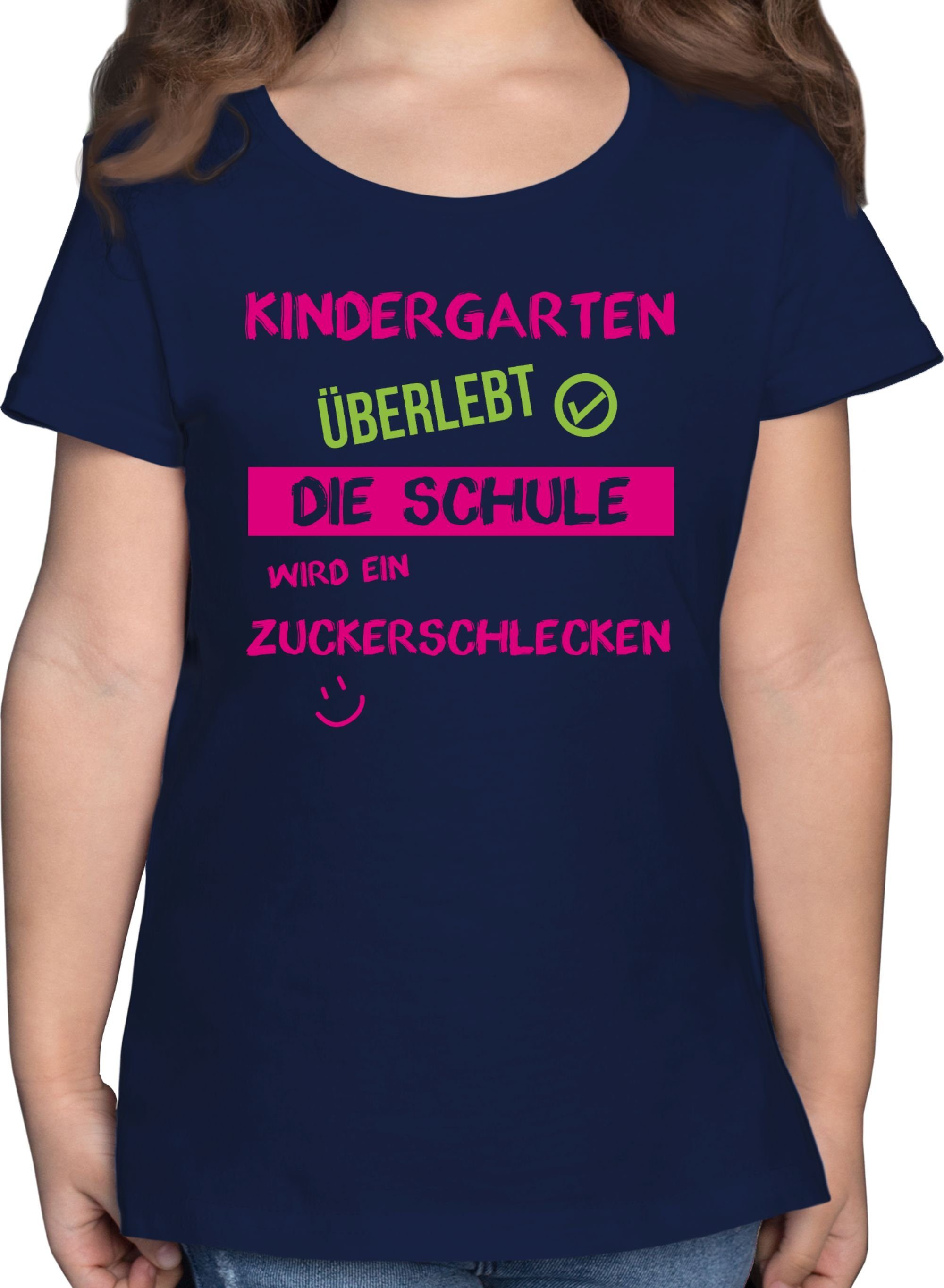 Shirtracer T-Shirt Kindergarten überlebt rosa Emoticon Einschulung Mädchen 1 Dunkelblau